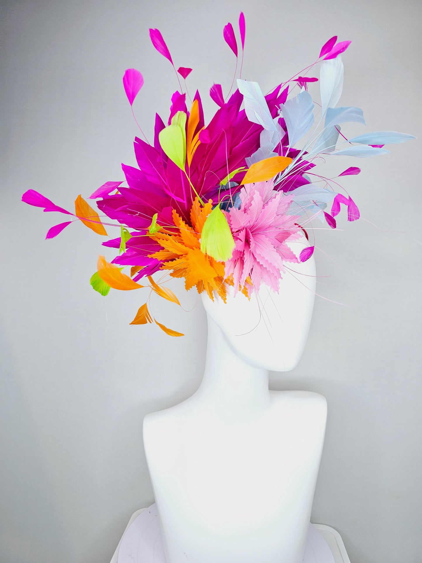 kentucky derby hat fascinator blush pink and orange zigzag feather flowers, colorful fuchsia pink, light blue, lime green branching feathers