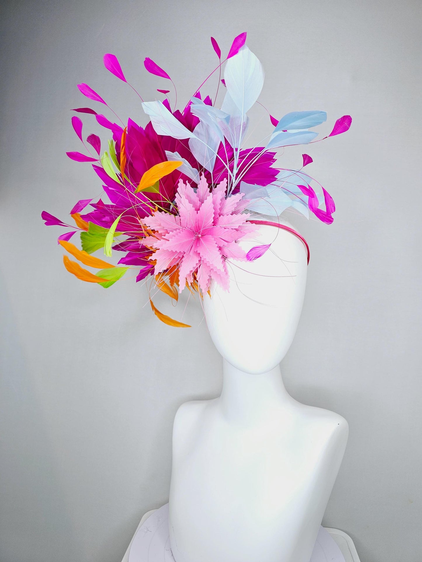 kentucky derby hat fascinator blush pink and orange zigzag feather flowers, colorful fuchsia pink, light blue, lime green branching feathers