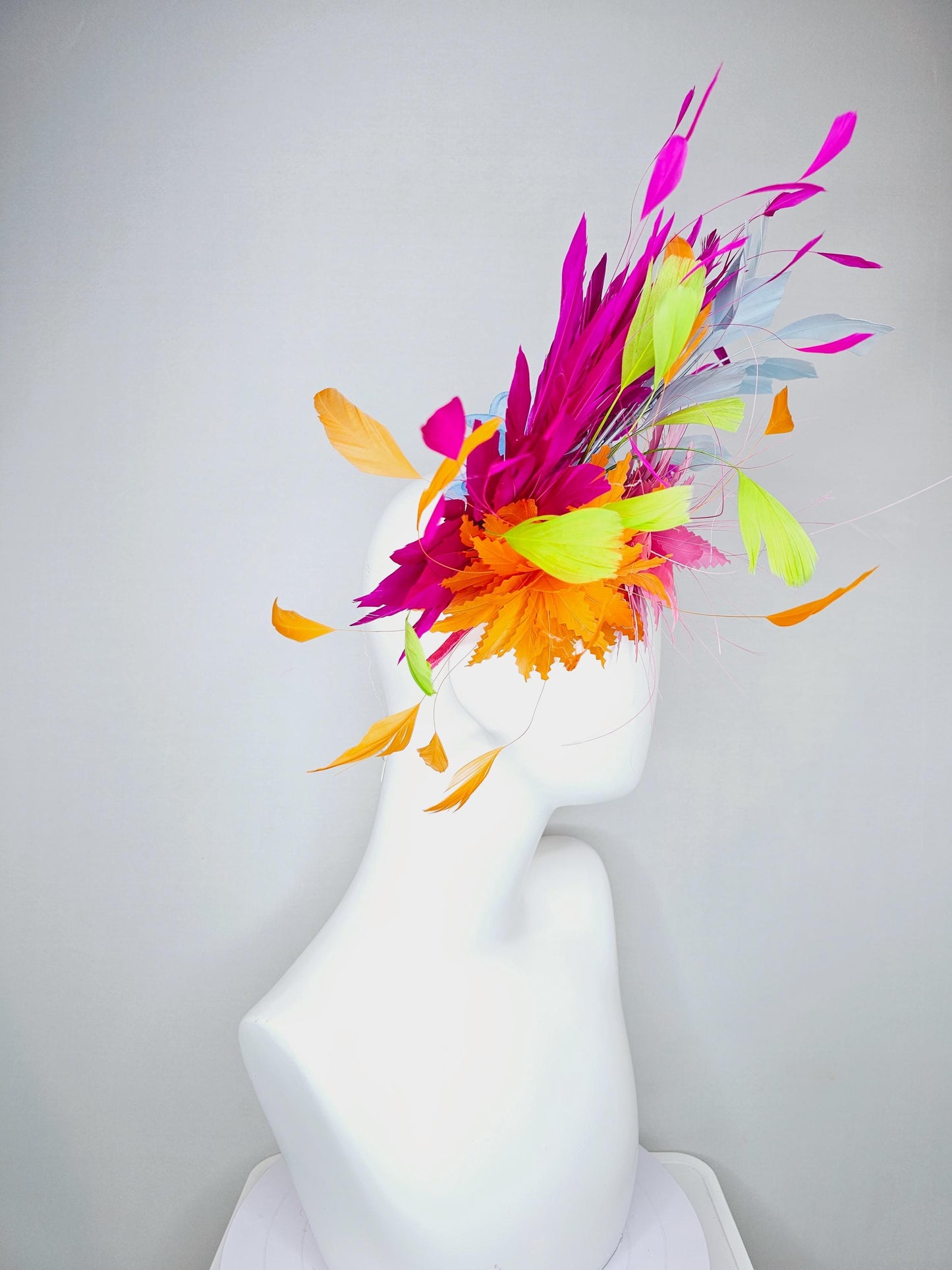 kentucky derby hat fascinator blush pink and orange zigzag feather flowers, colorful fuchsia pink, light blue, lime green branching feathers