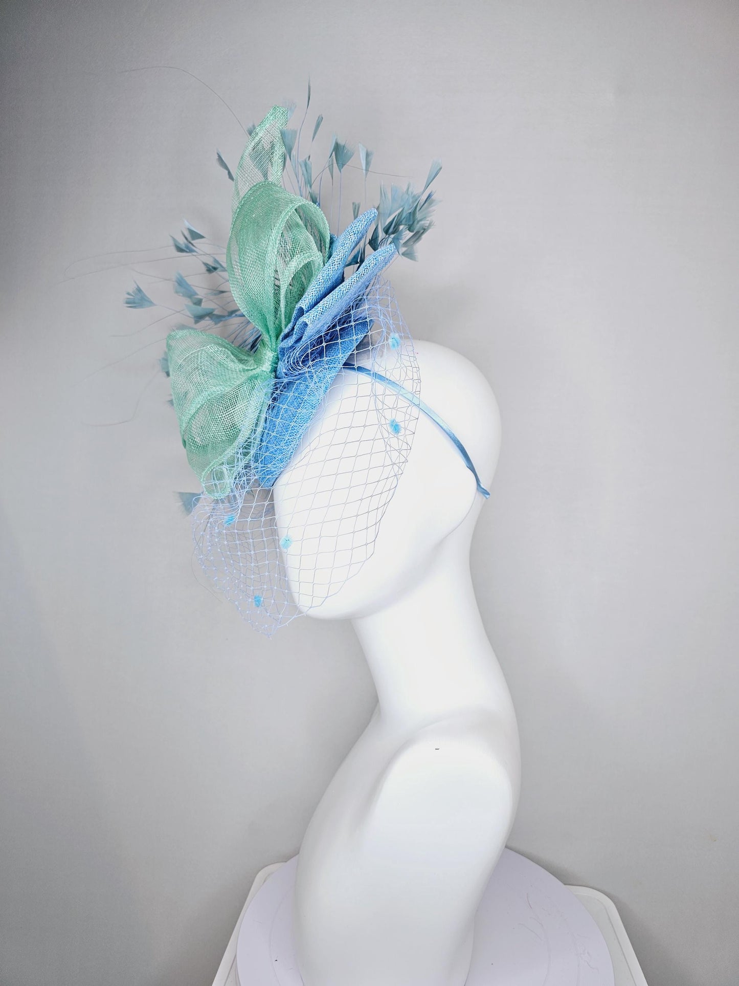 kentucky derby hat fascinator baby blue sinamay w/mint green mesh wired ribbon large bow decor,teal blue branching feathers w/blue mesh veil