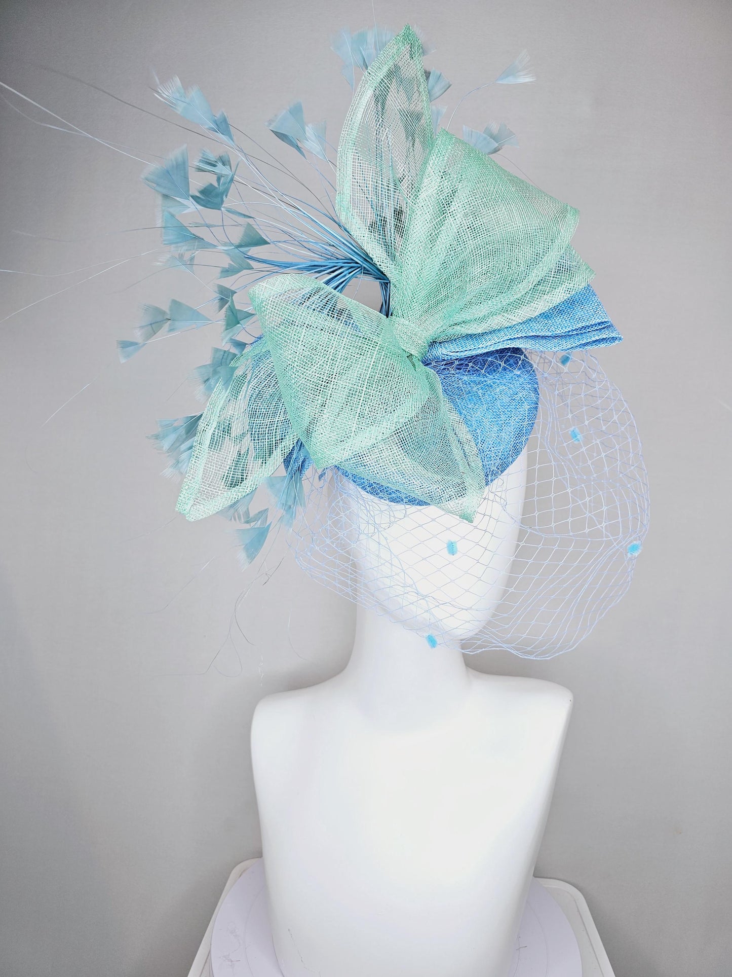 kentucky derby hat fascinator baby blue sinamay w/mint green mesh wired ribbon large bow decor,teal blue branching feathers w/blue mesh veil