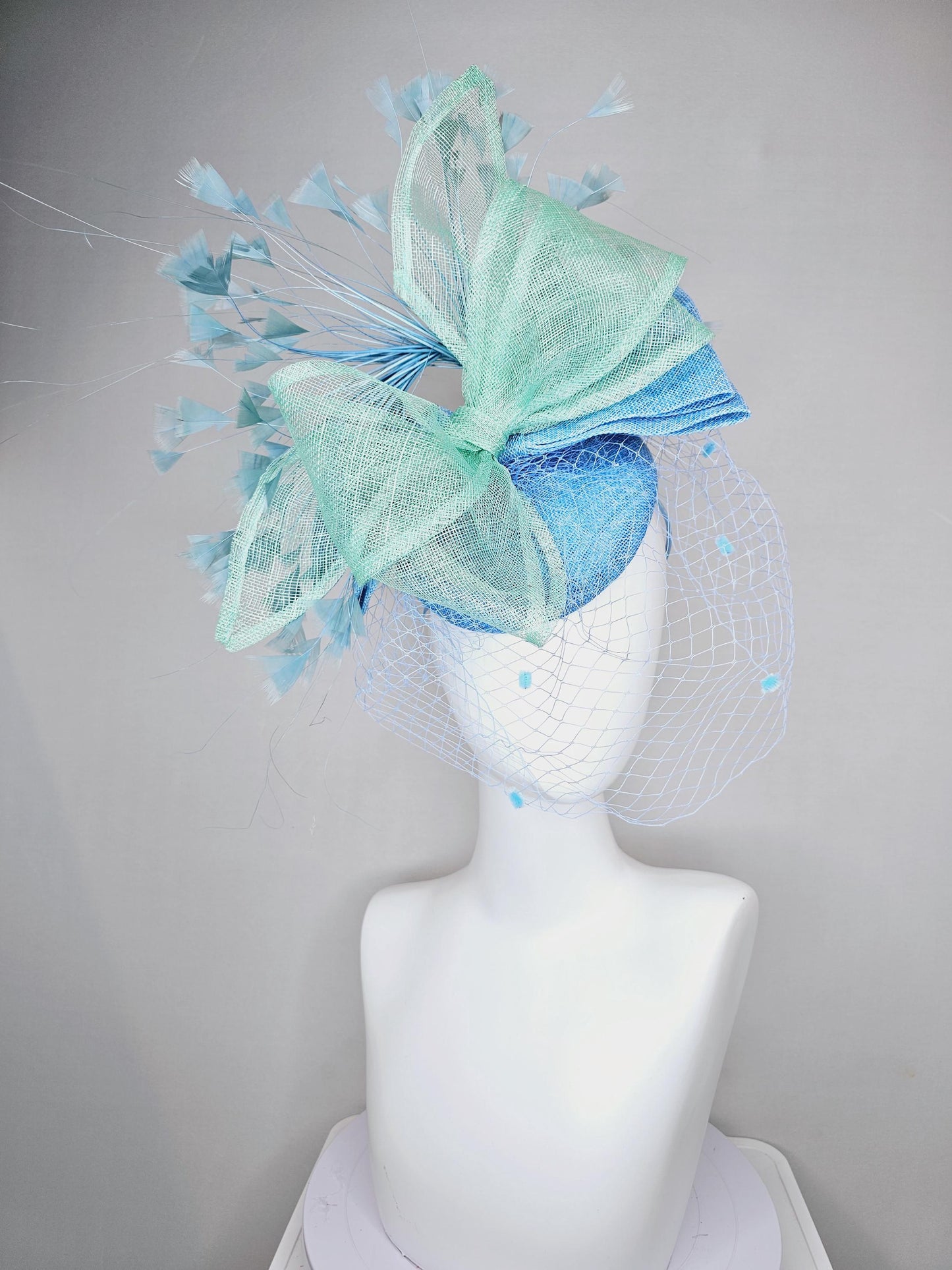 kentucky derby hat fascinator baby blue sinamay w/mint green mesh wired ribbon large bow decor,teal blue branching feathers w/blue mesh veil