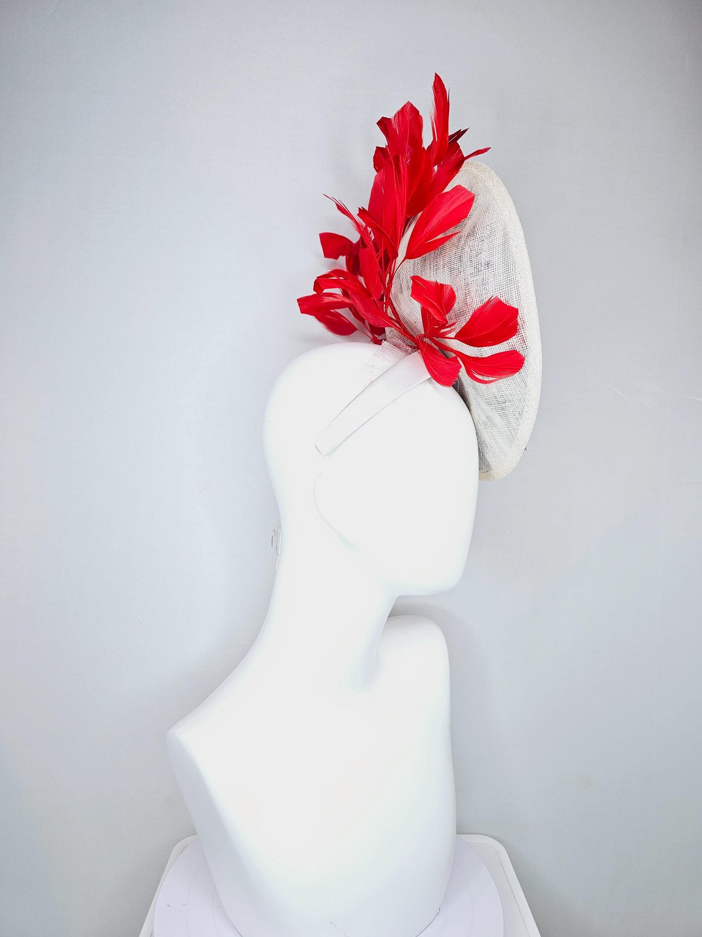 kentucky derby hat fascinator white sinamay saucer with red blue purple black embroidered flowers butterfly, scarlet red branching feathers