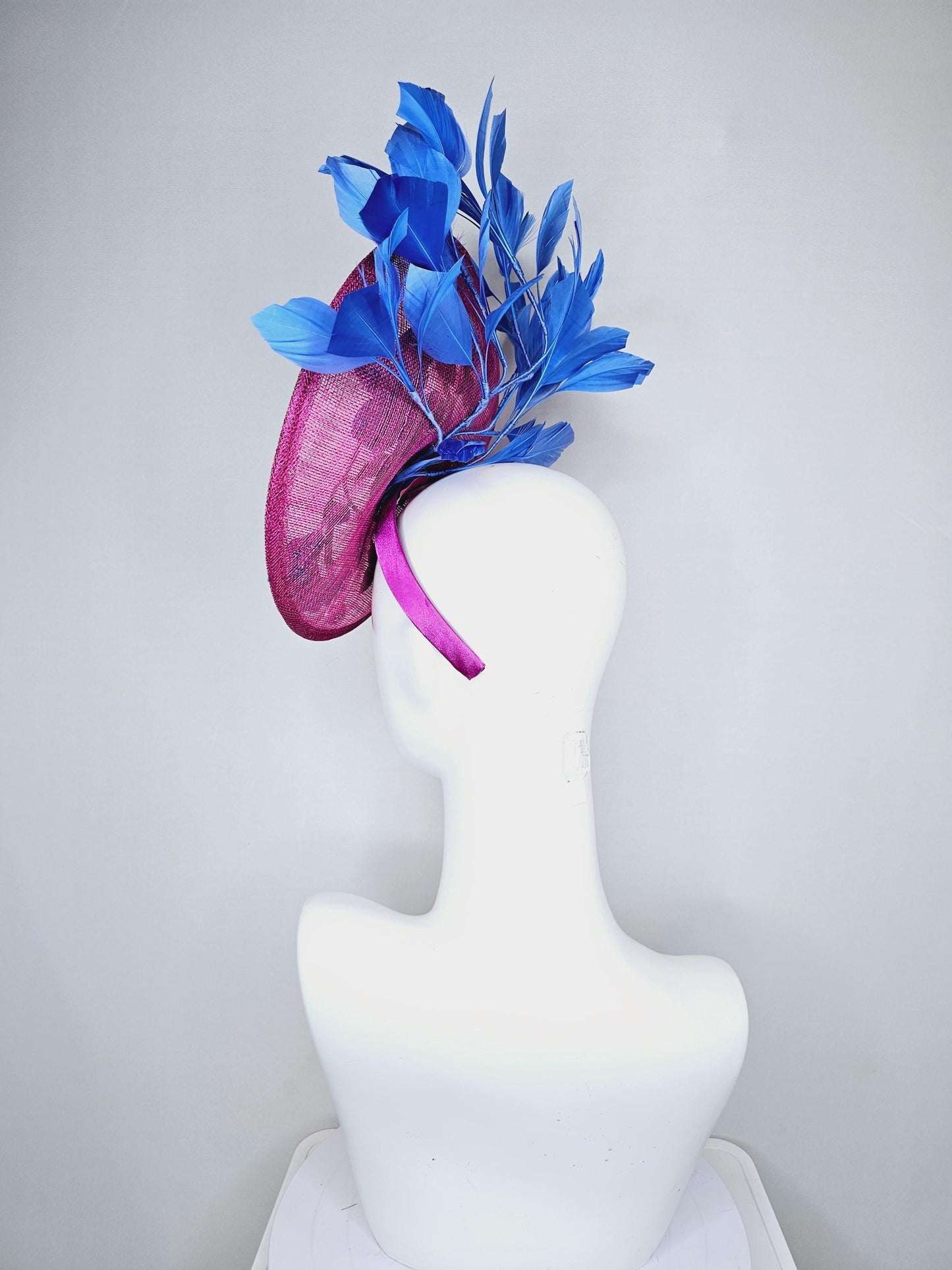 kentucky derby hat fascinator magenta pink sinamay saucer with blue gray embroidered flowers bird butterfly cobalt blue branching feathers