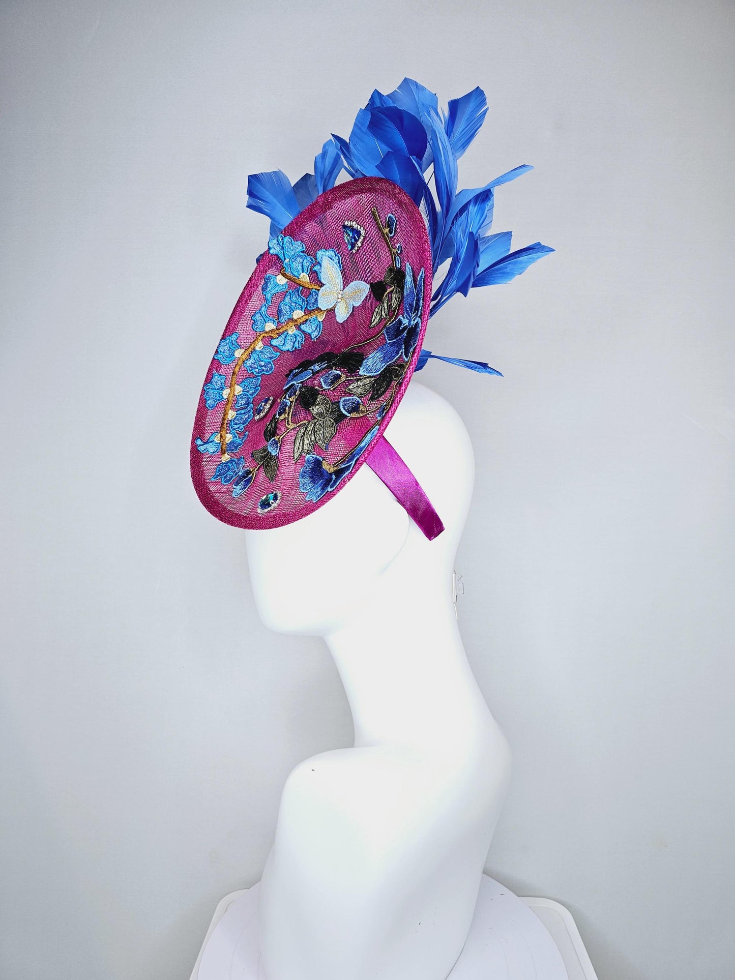 kentucky derby hat fascinator magenta pink sinamay saucer with blue gray embroidered flowers bird butterfly cobalt blue branching feathers