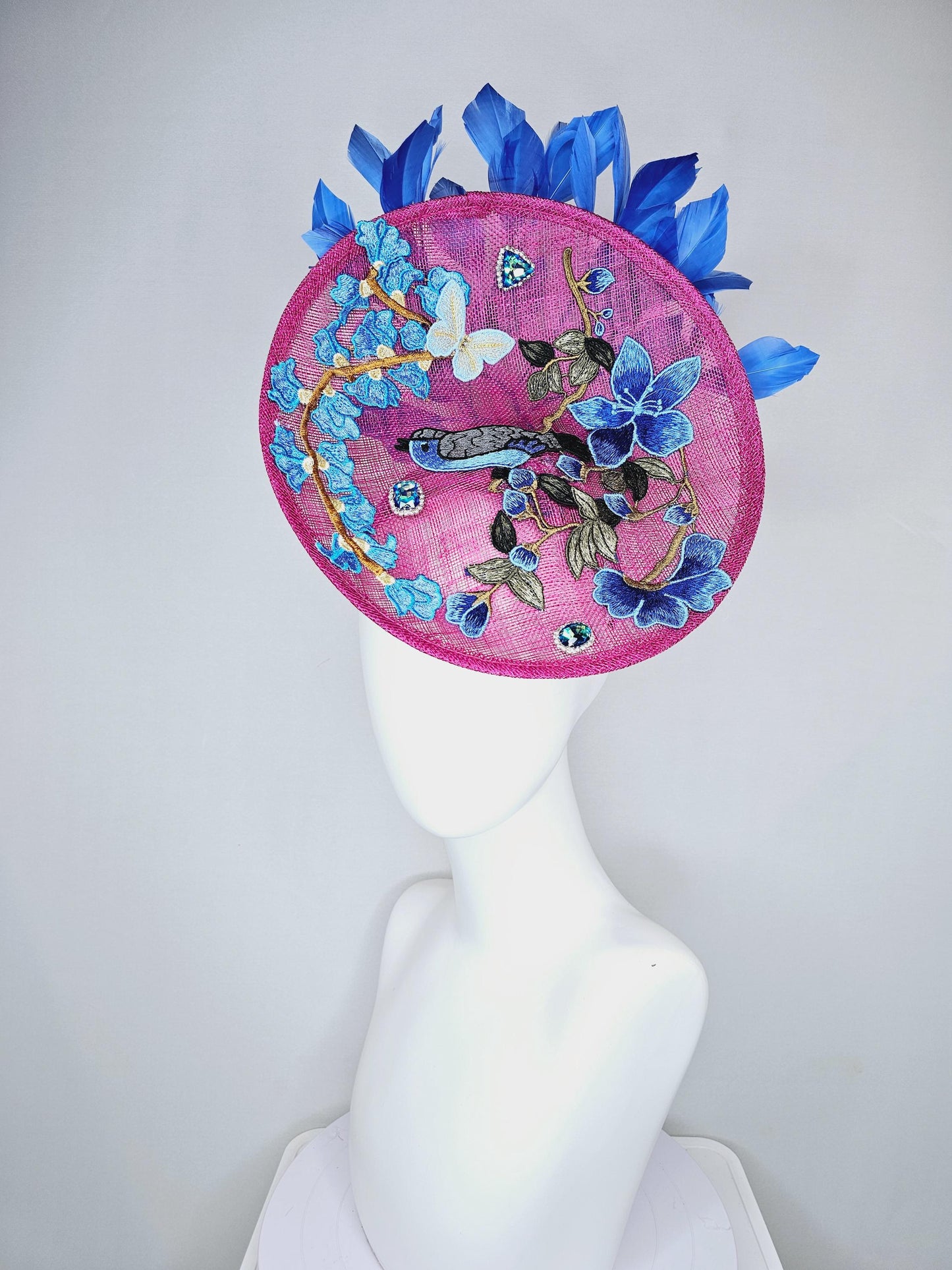 kentucky derby hat fascinator magenta pink sinamay saucer with blue gray embroidered flowers bird butterfly cobalt blue branching feathers