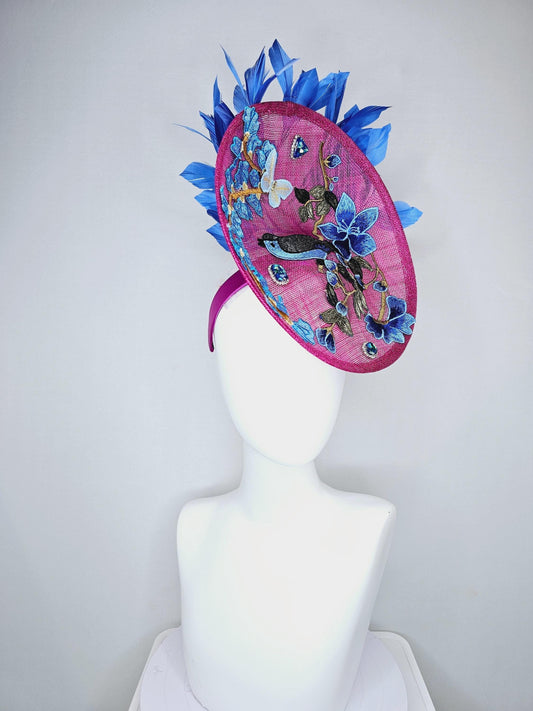 kentucky derby hat fascinator magenta pink sinamay saucer with blue gray embroidered flowers bird butterfly cobalt blue branching feathers