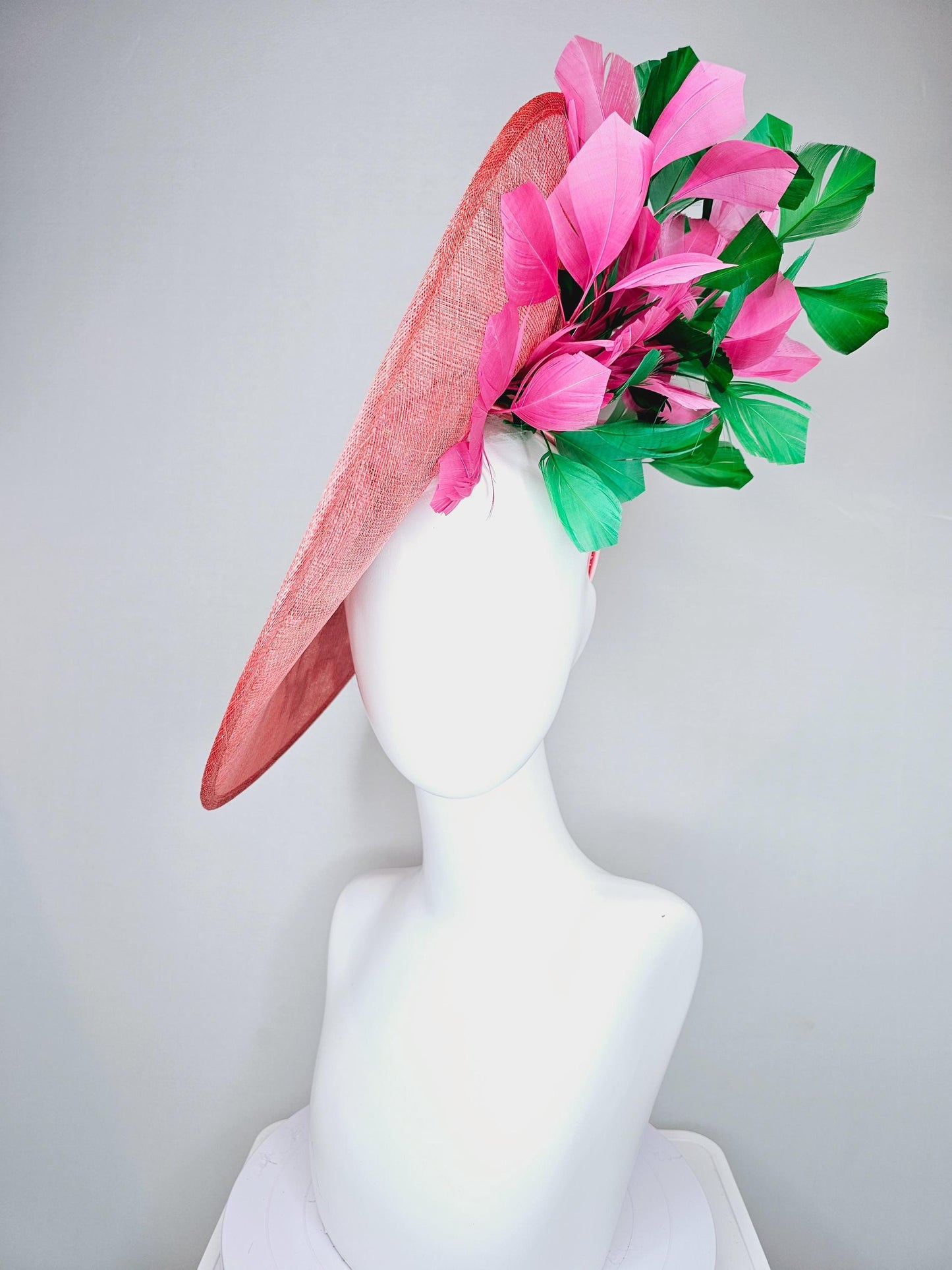 kentucky derby hat fascinator large peach pink sinamay saucer w/pink green embroidered flower bird butterfly,pink and emerald green feathers