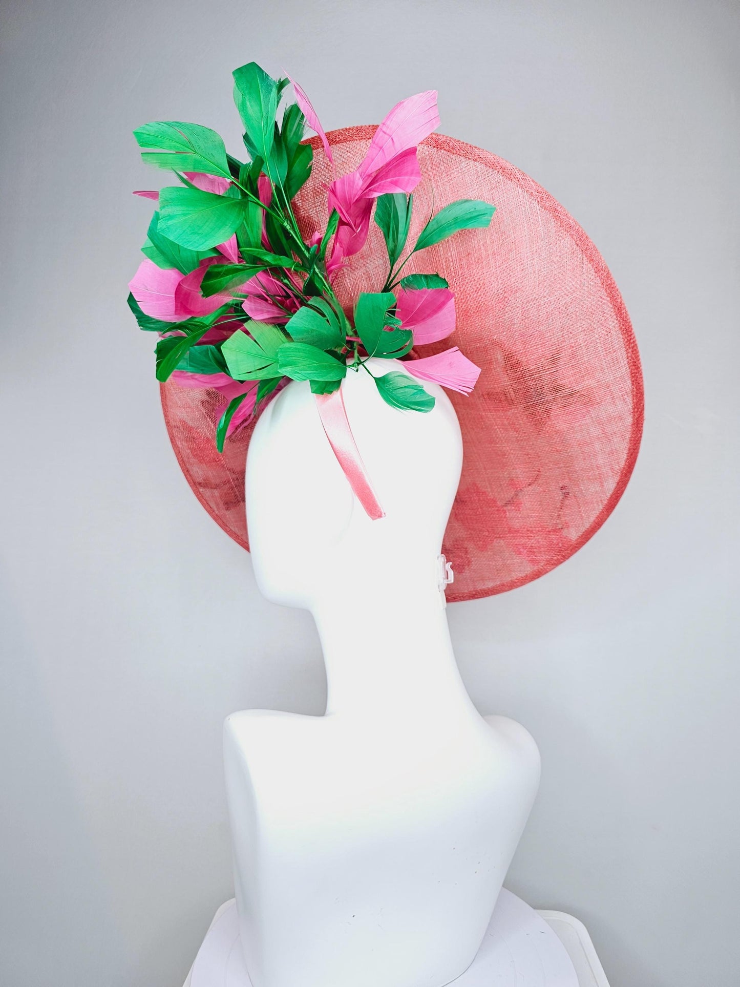 kentucky derby hat fascinator large peach pink sinamay saucer w/pink green embroidered flower bird butterfly,pink and emerald green feathers