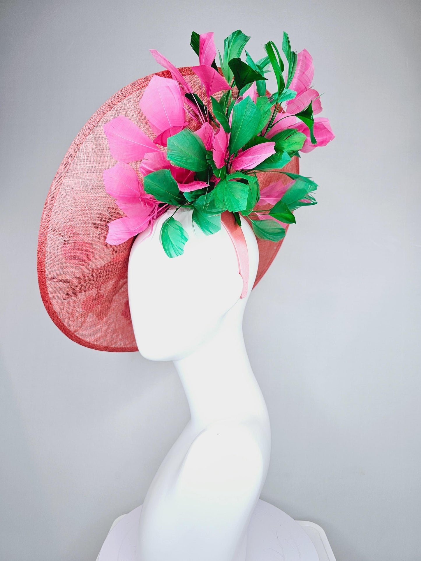 kentucky derby hat fascinator large peach pink sinamay saucer w/pink green embroidered flower bird butterfly,pink and emerald green feathers