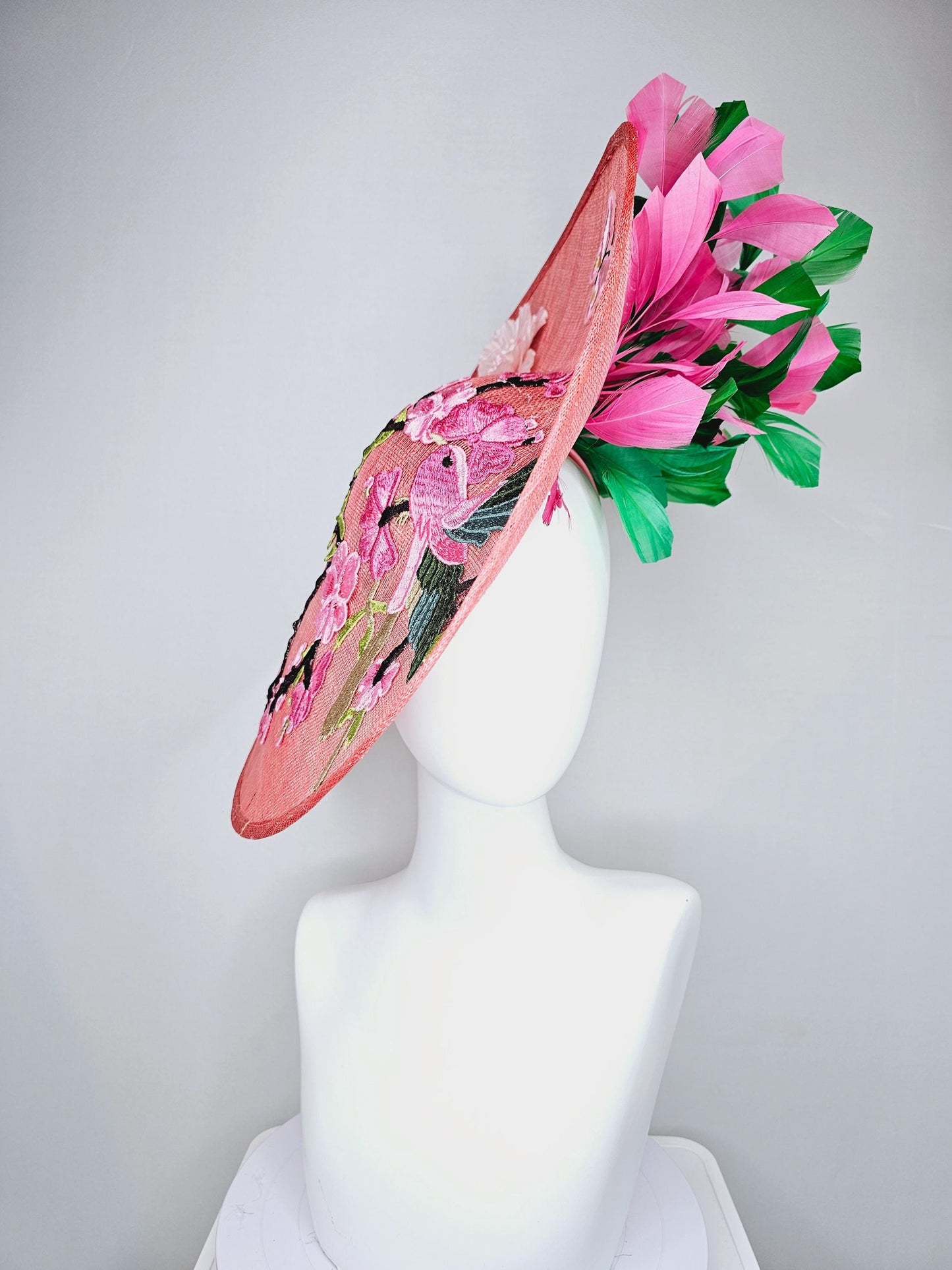 kentucky derby hat fascinator large peach pink sinamay saucer w/pink green embroidered flower bird butterfly,pink and emerald green feathers