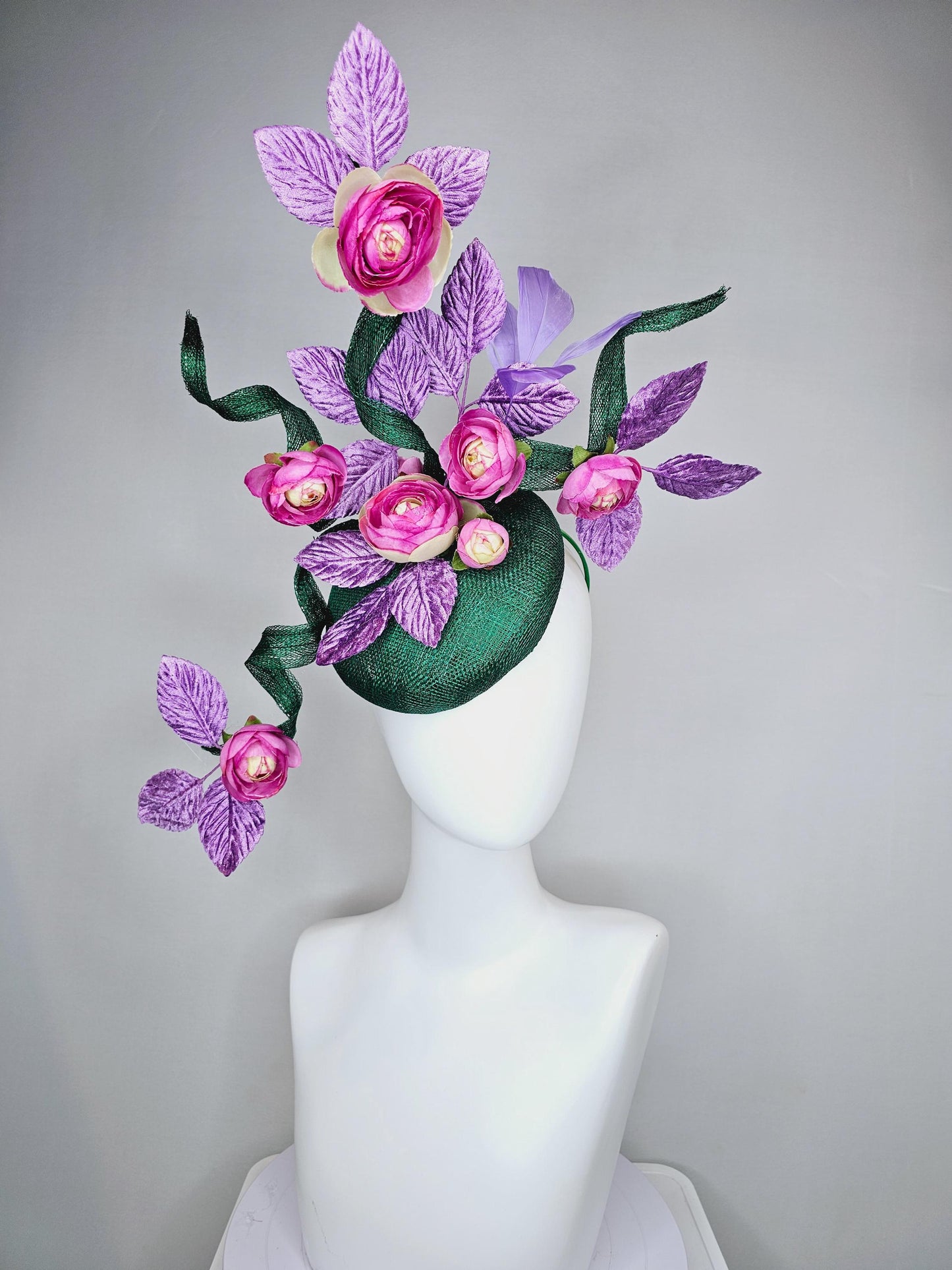 kentucky derby hat fascinator dark green sinamay with curls,light purple lavender leaves and feathers,pink cream ombre satin silk flowers