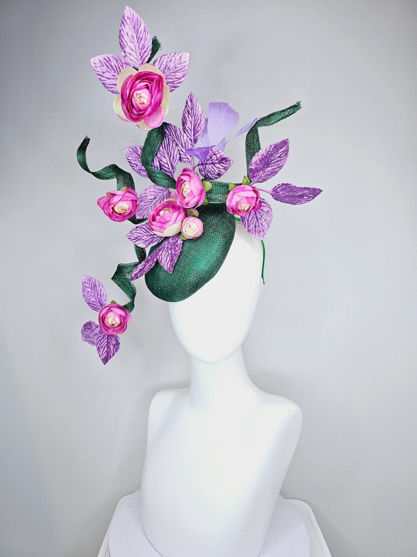 kentucky derby hat fascinator dark green sinamay with curls,light purple lavender leaves and feathers,pink cream ombre satin silk flowers