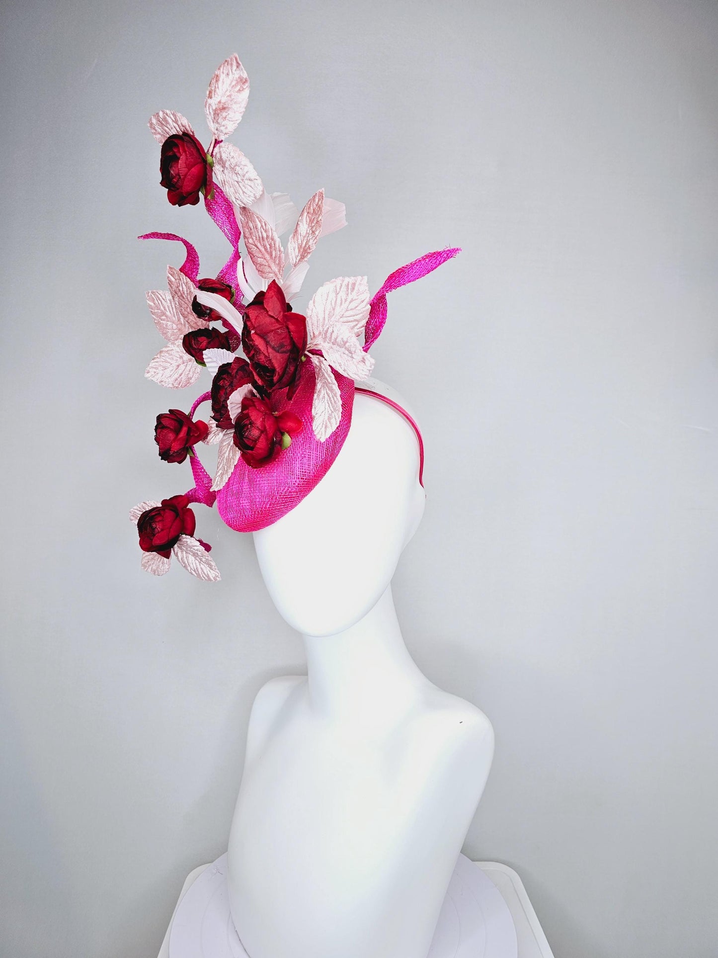 kentucky derby hat fascinator hot pink sinamay with curls,scarlet red satin silk flowers and light pink velvet leaves, light pink feathers