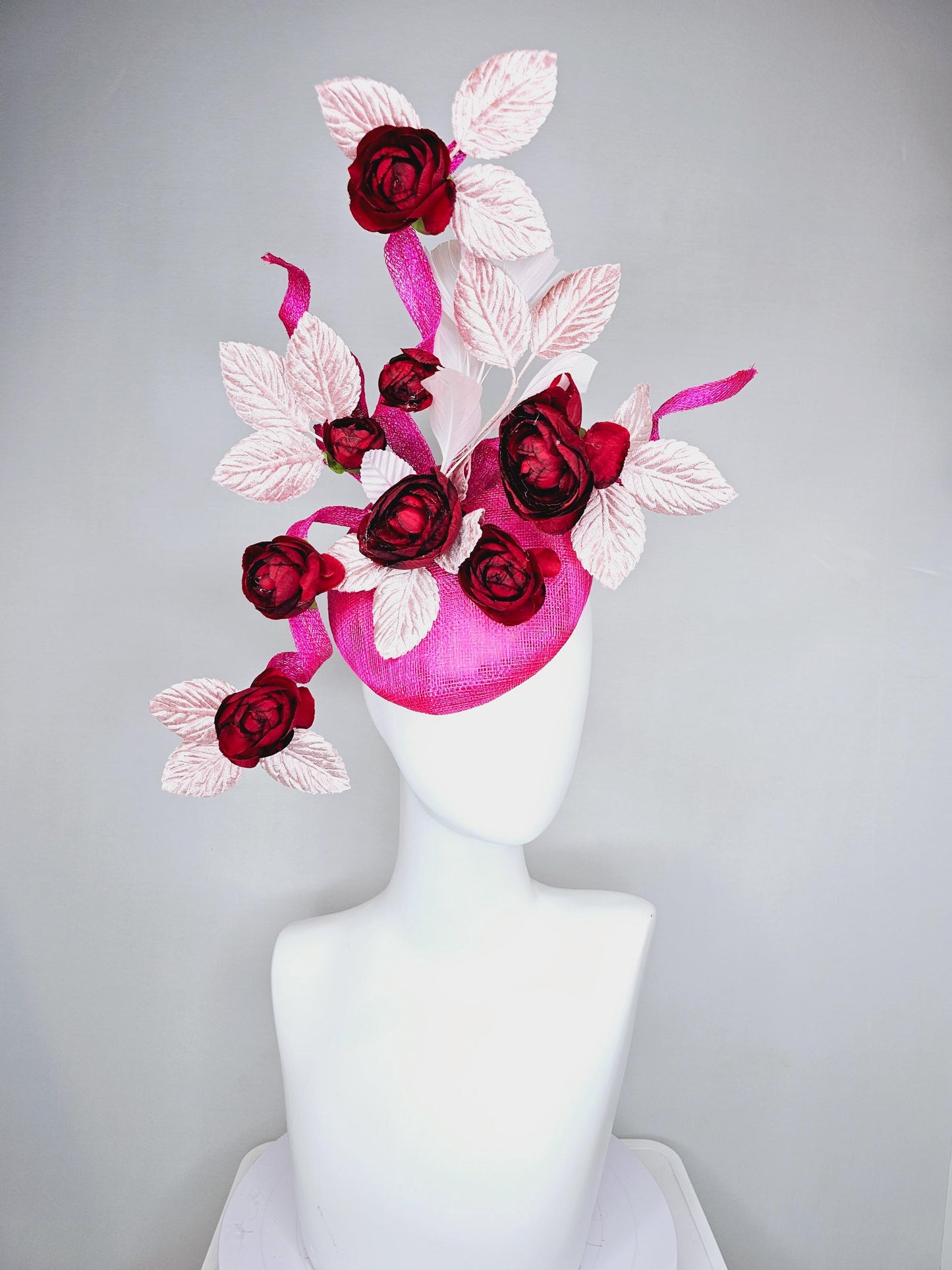 kentucky derby hat fascinator hot pink sinamay with curls,scarlet red satin silk flowers and light pink velvet leaves, light pink feathers