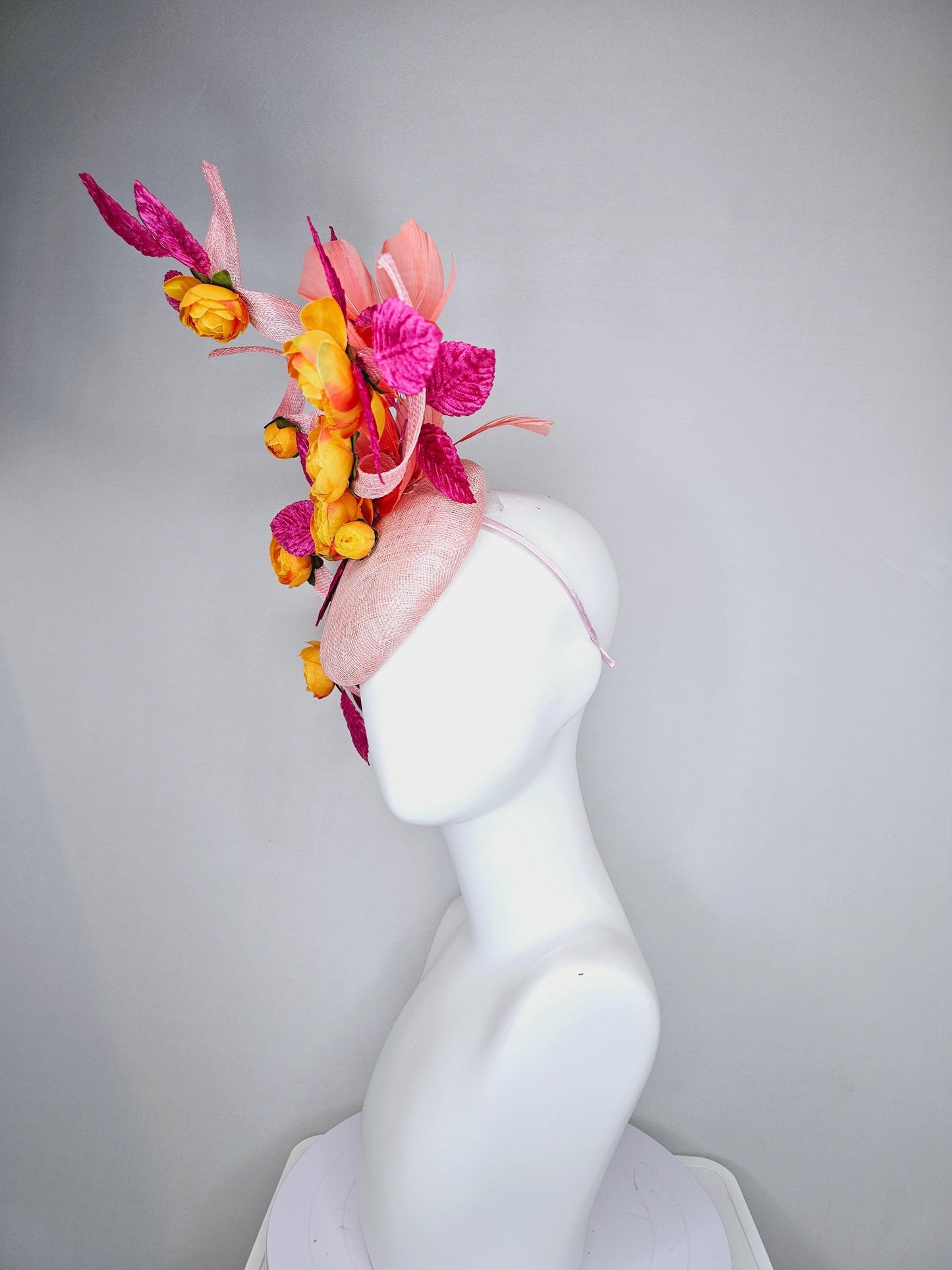 kentucky derby hat fascinator light pink sinamay with tall curls,hot pink velvet leaves,coral feathers and burnt orange satin silk flowers