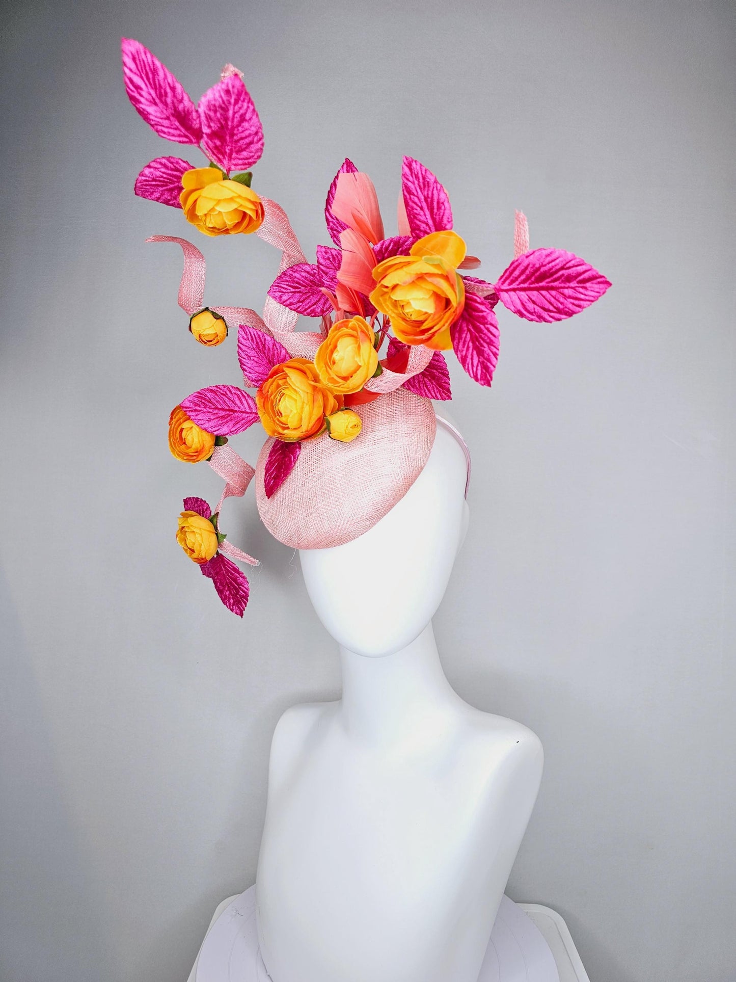 kentucky derby hat fascinator light pink sinamay with tall curls,hot pink velvet leaves,coral feathers and burnt orange satin silk flowers