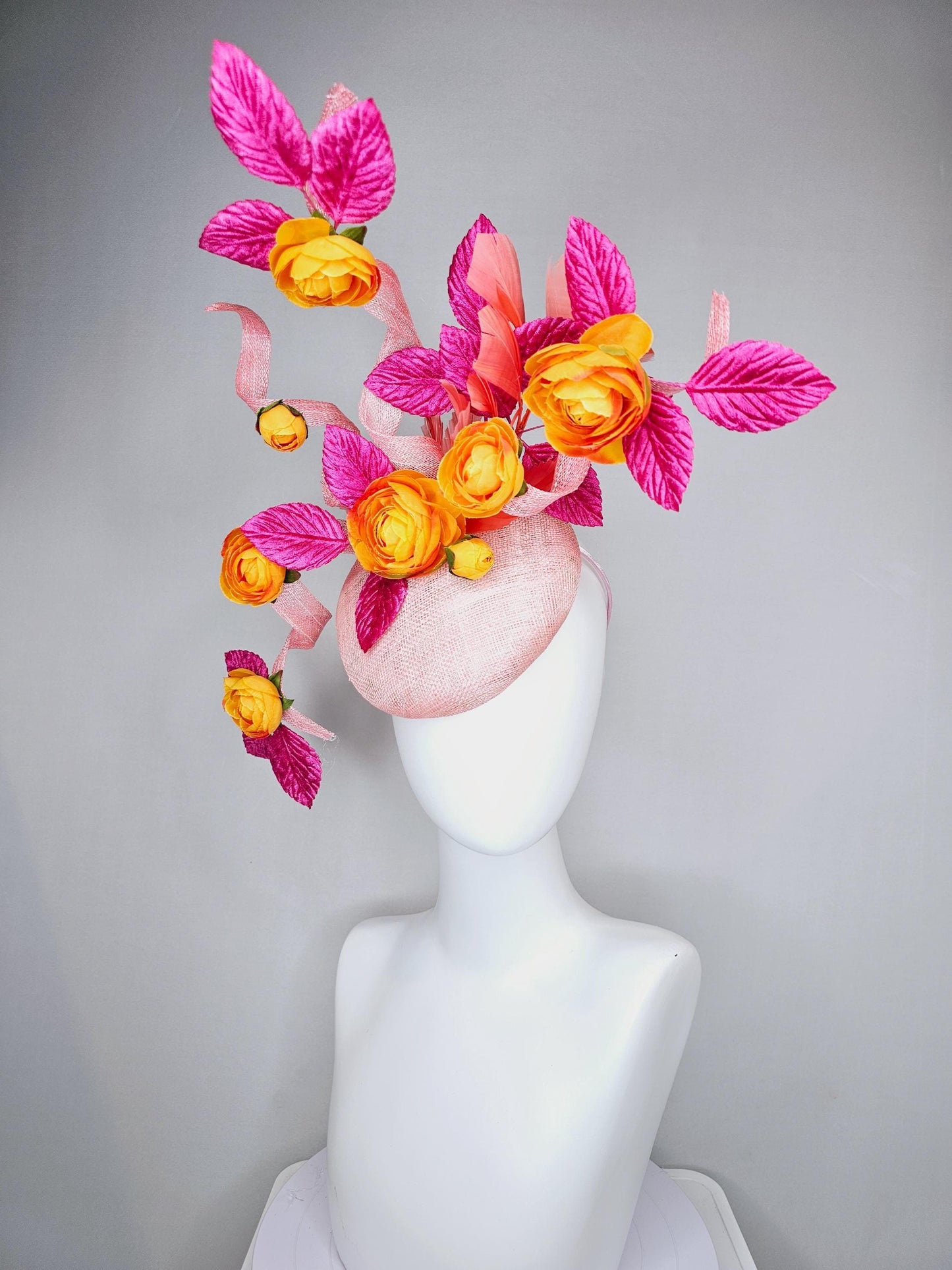 kentucky derby hat fascinator light pink sinamay with tall curls,hot pink velvet leaves,coral feathers and burnt orange satin silk flowers