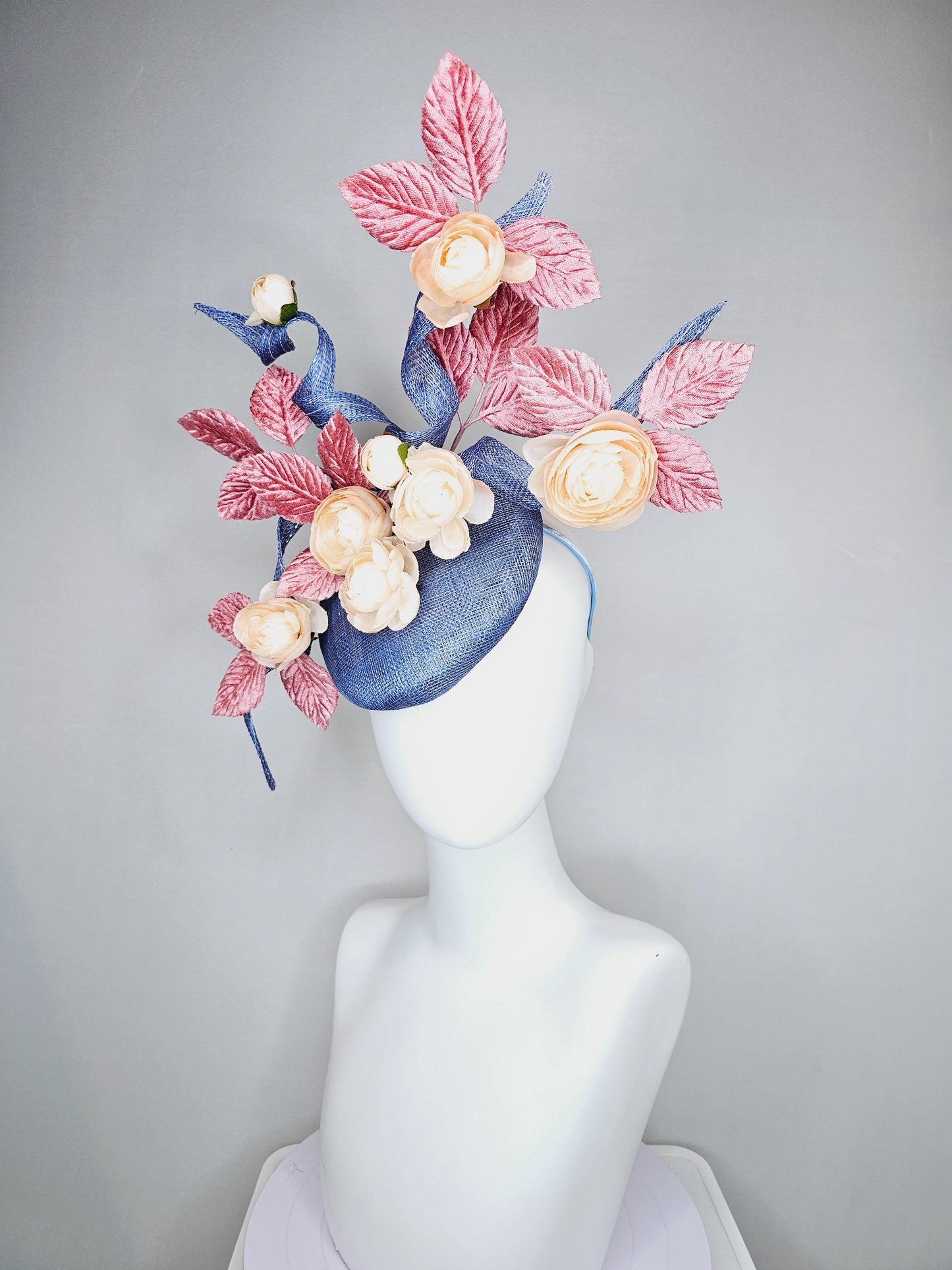 kentucky derby hat fascinator light cobalt blue sinamay with curls,light blush pink velvet leaves and cream champagne satin silk flowers