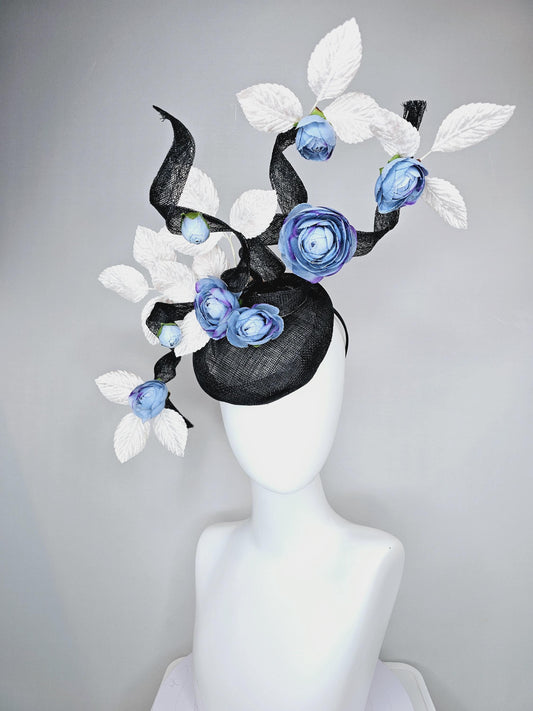 kentucky derby hat fascinator black sinamay with tall curls,white velvet leaves and cobalt blue purple lavender ombre satin silk flowers