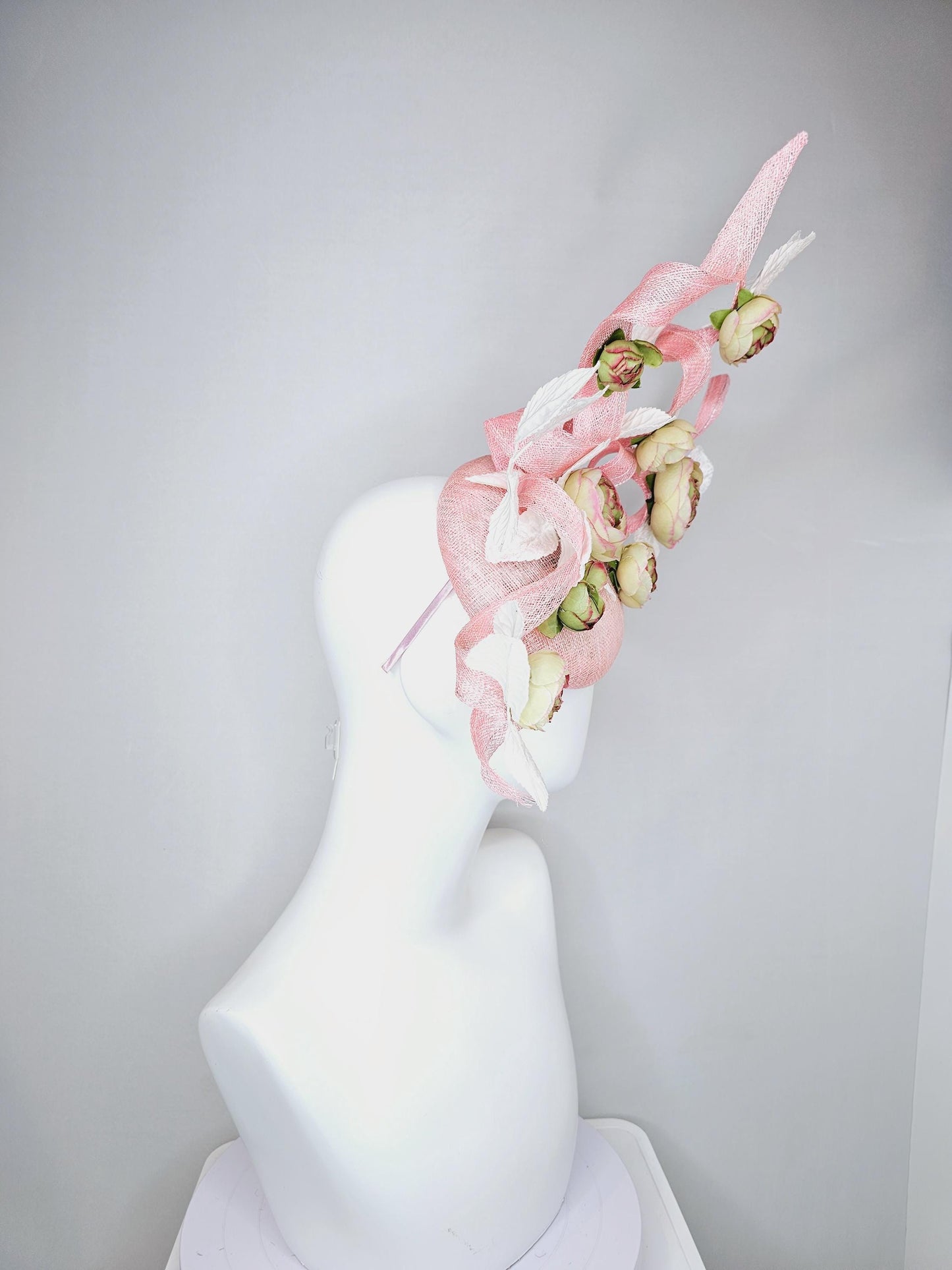 kentucky derby hat fascinator light pink sinamay with curls,white velvet leaves and sage green,cream,and pink ombre satin silk flowers