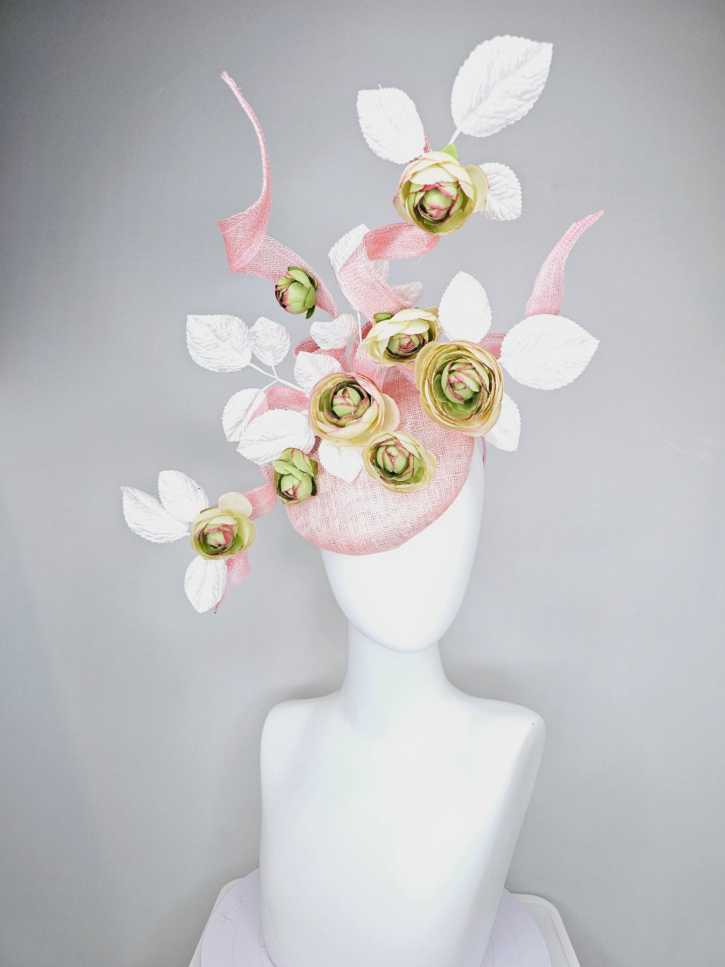 kentucky derby hat fascinator light pink sinamay with curls,white velvet leaves and sage green,cream,and pink ombre satin silk flowers