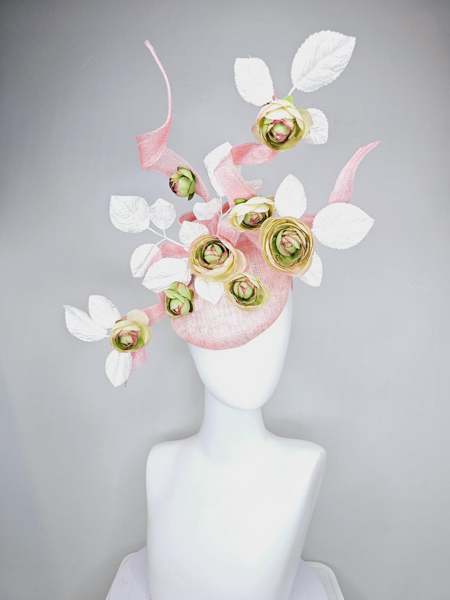 kentucky derby hat fascinator light pink sinamay with curls,white velvet leaves and sage green,cream,and pink ombre satin silk flowers