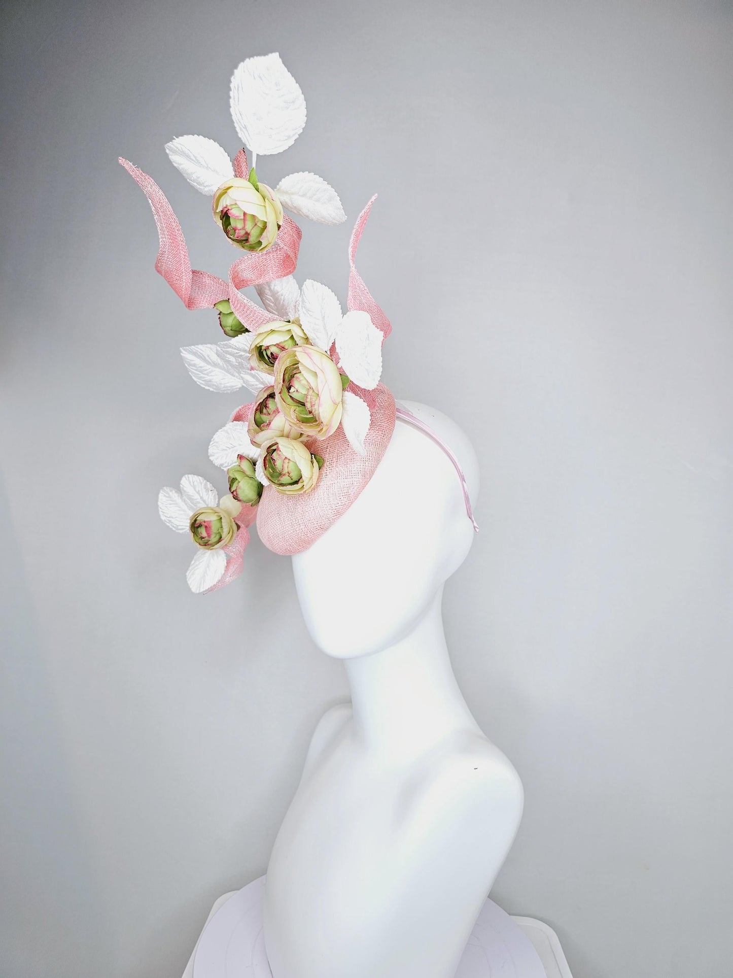 kentucky derby hat fascinator light pink sinamay with curls,white velvet leaves and sage green,cream,and pink ombre satin silk flowers