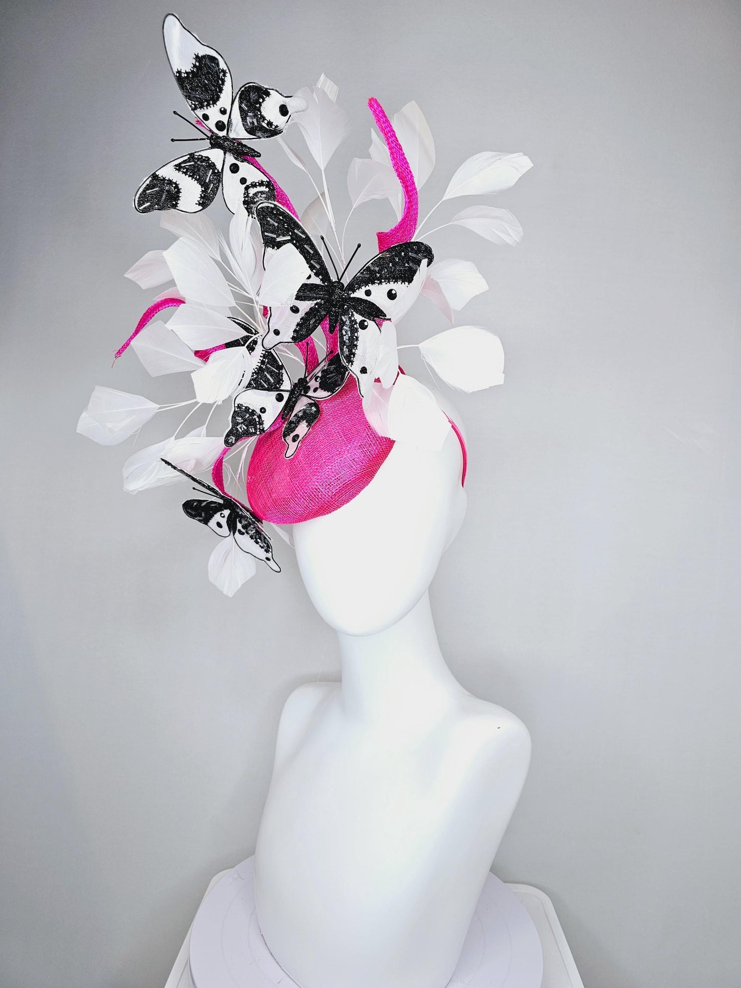 kentucky derby hat fascinator hot pink sinamay with tall curls,white feathers,black and white rhinestone crystal embroidered butterflies