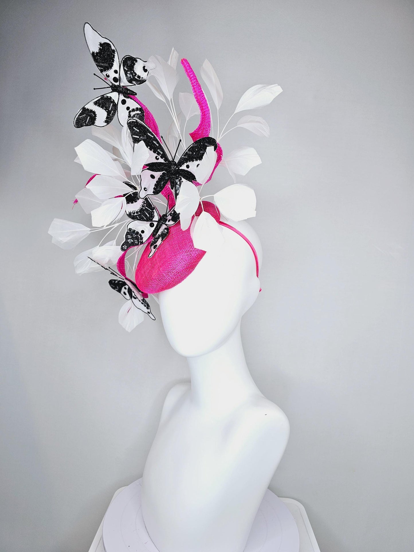 kentucky derby hat fascinator hot pink sinamay with tall curls,white feathers,black and white rhinestone crystal embroidered butterflies