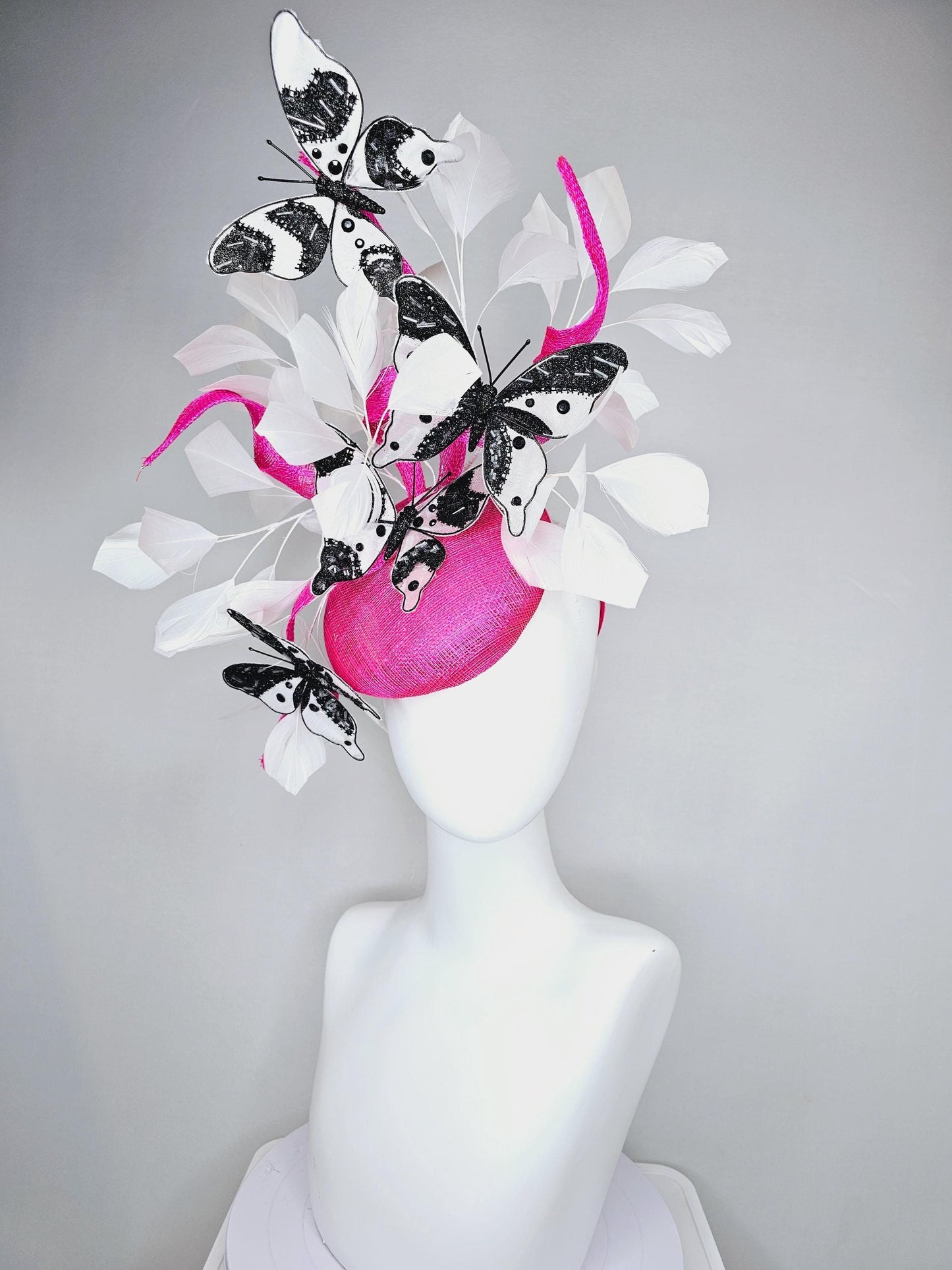 kentucky derby hat fascinator hot pink sinamay with tall curls,white feathers,black and white rhinestone crystal embroidered butterflies