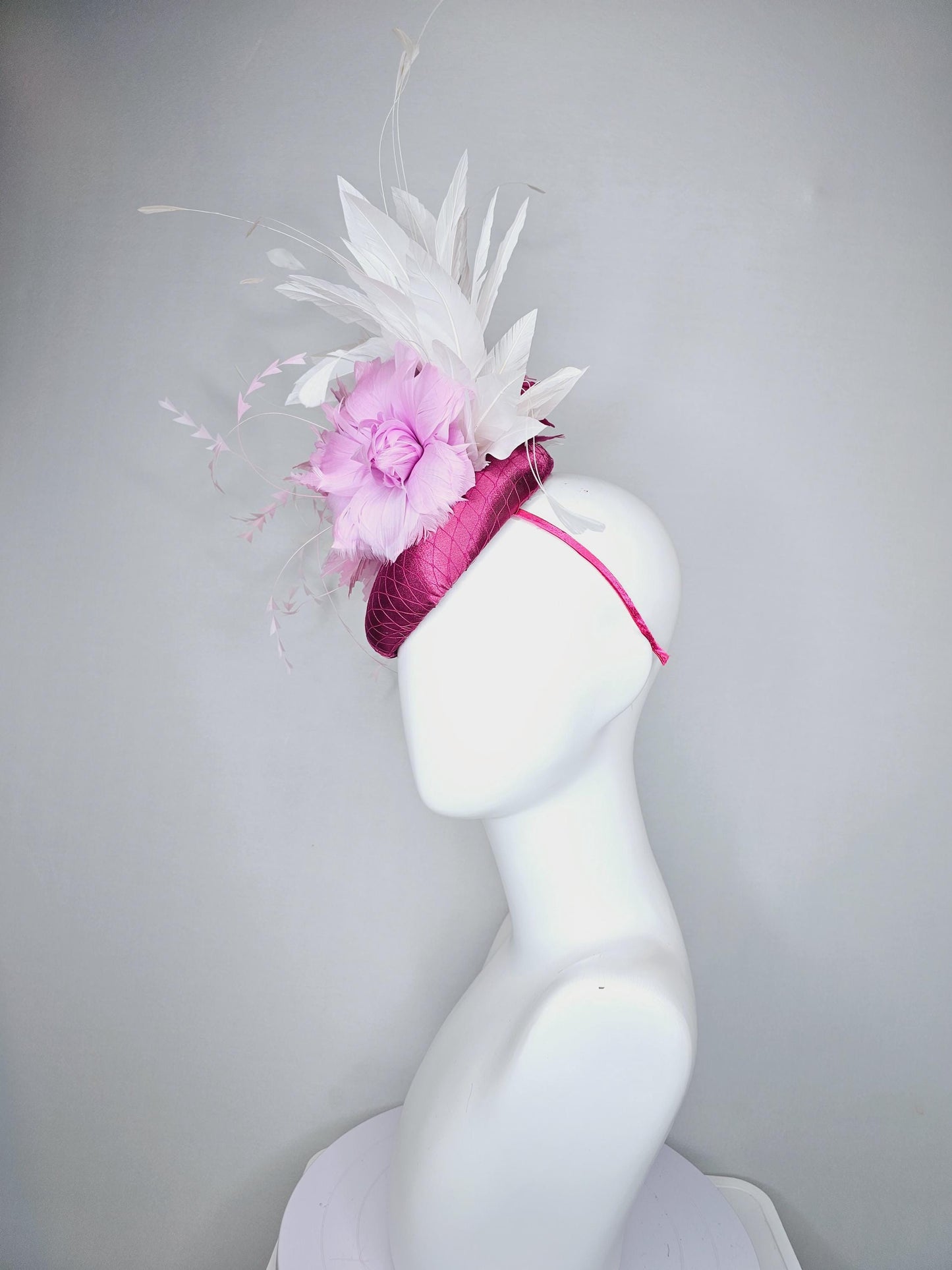 kentucky derby hat fascinator dark pink burgundy satin w/netting,light pink zigzag and lilac purple feather flowers,white branching feathers