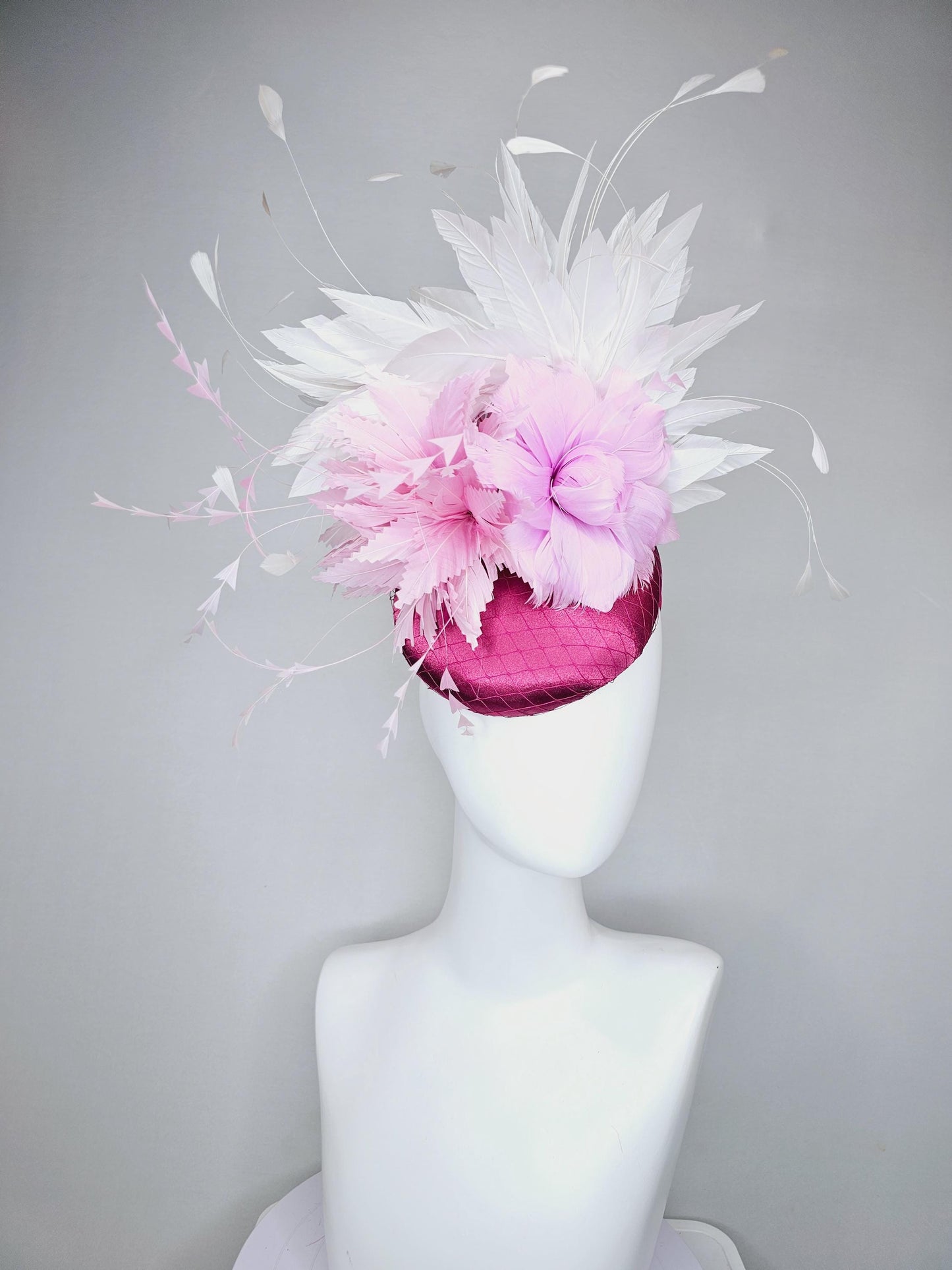 kentucky derby hat fascinator dark pink burgundy satin w/netting,light pink zigzag and lilac purple feather flowers,white branching feathers