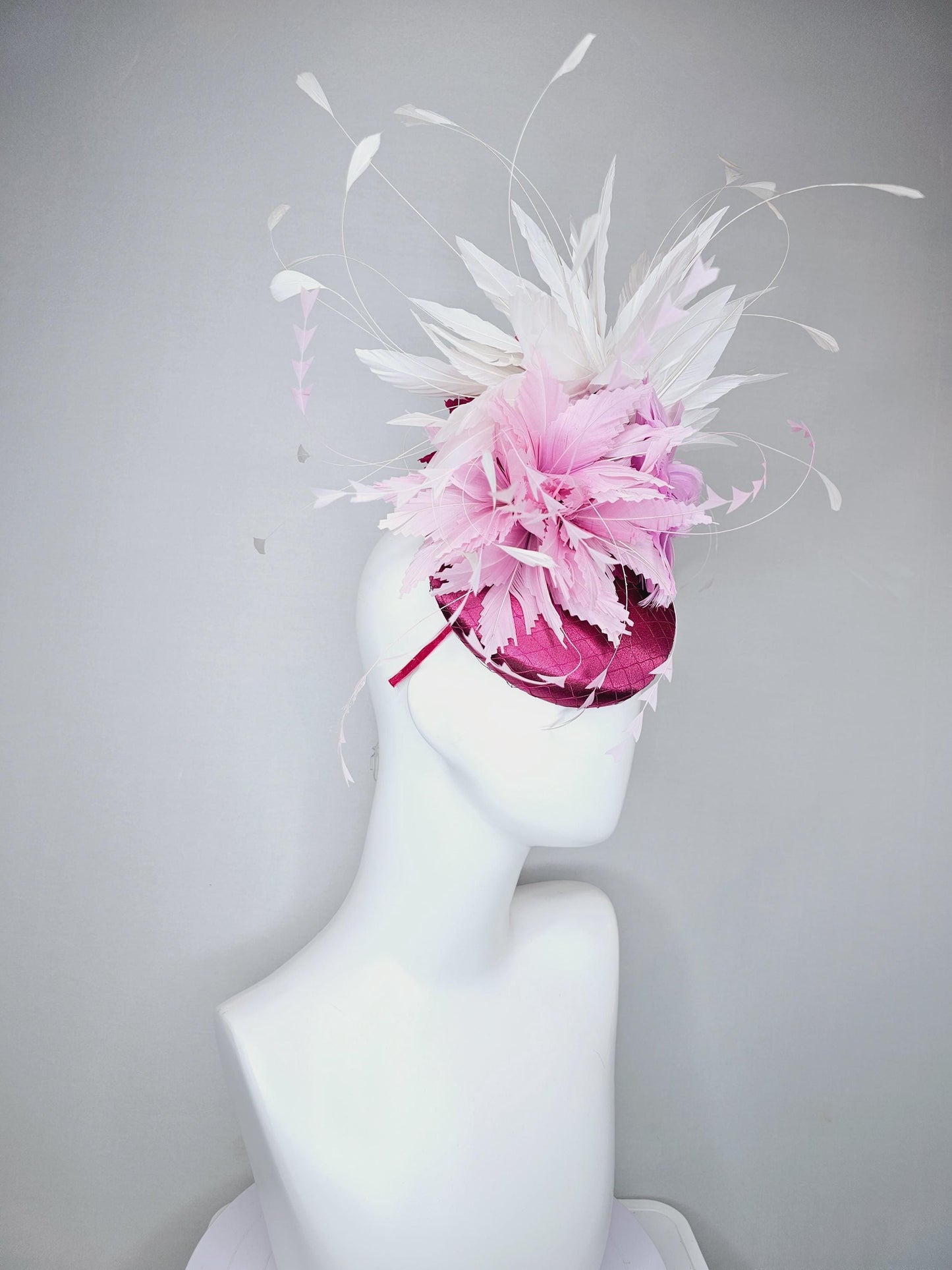 kentucky derby hat fascinator dark pink burgundy satin w/netting,light pink zigzag and lilac purple feather flowers,white branching feathers