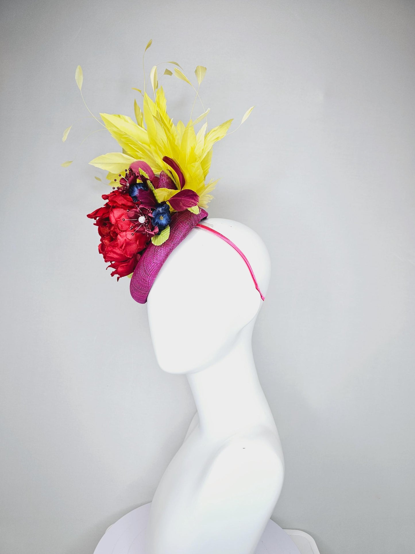 kentucky derby hat fascinator purple sinamay, bright yellow branching feathers,satin silk red flower,satin navy blue and red wine flowers