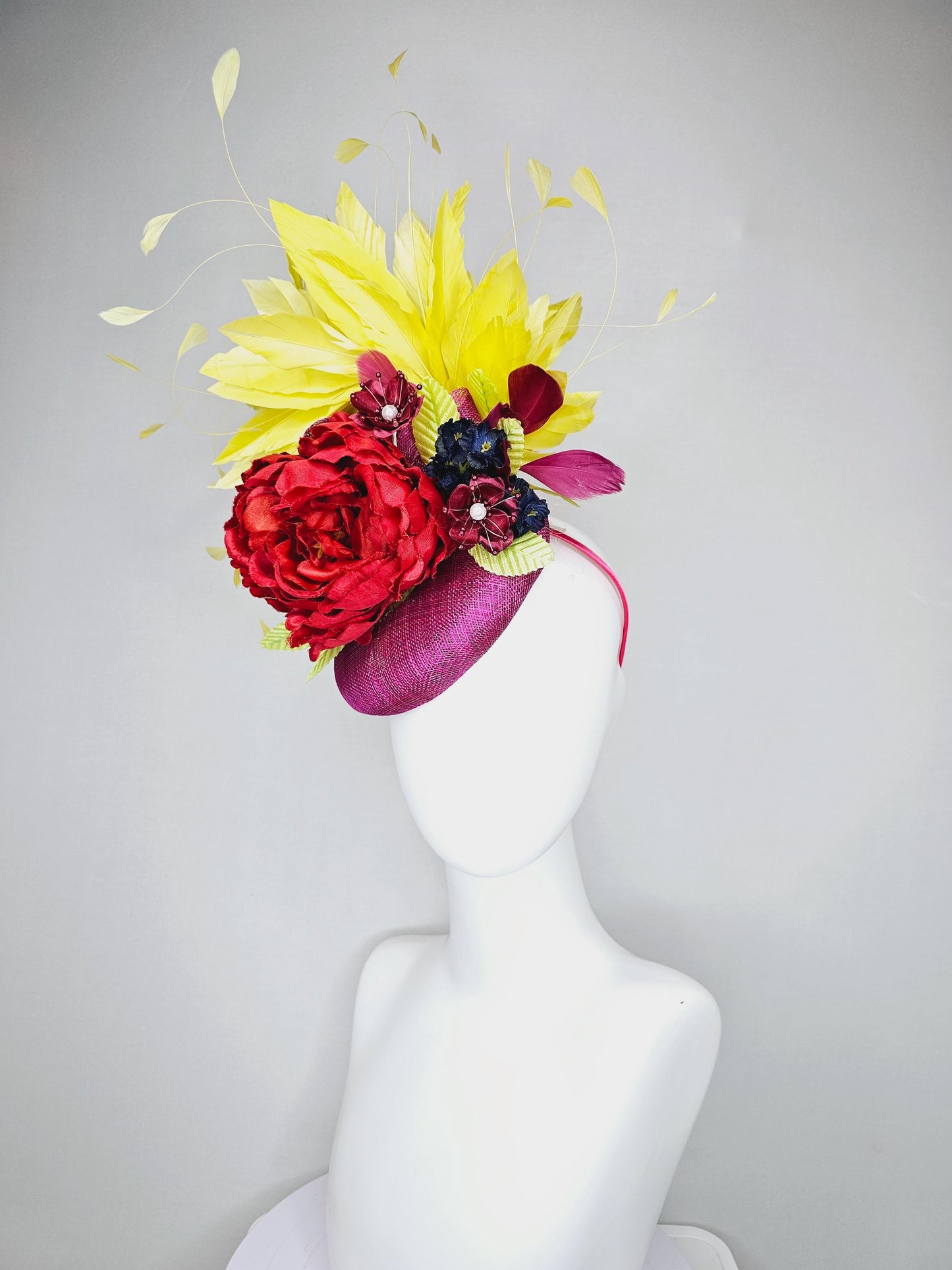 kentucky derby hat fascinator purple sinamay, bright yellow branching feathers,satin silk red flower,satin navy blue and red wine flowers