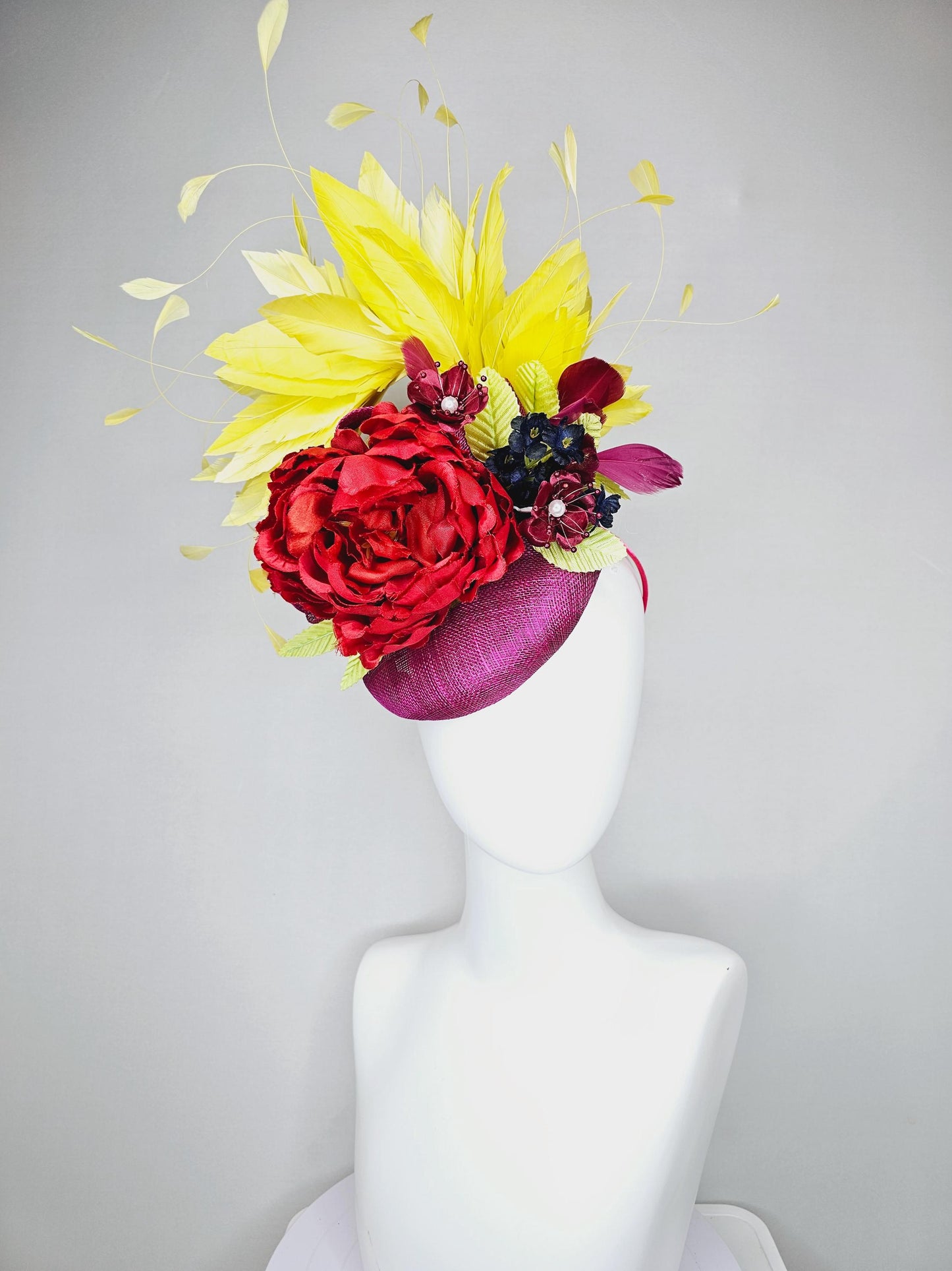 kentucky derby hat fascinator purple sinamay, bright yellow branching feathers,satin silk red flower,satin navy blue and red wine flowers