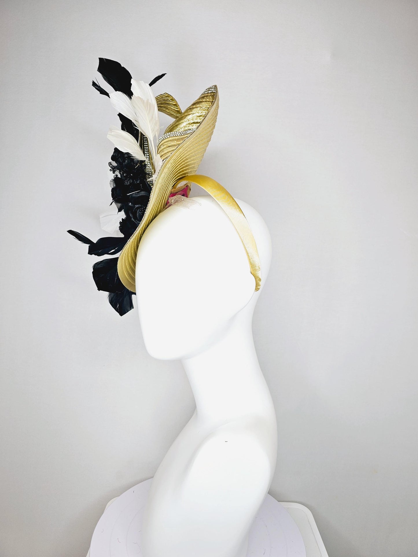 kentucky derby hat fascinator gold saucer with crystal rhinestone beading and beaded bow,white feathers,black satin silk flowers and pearls