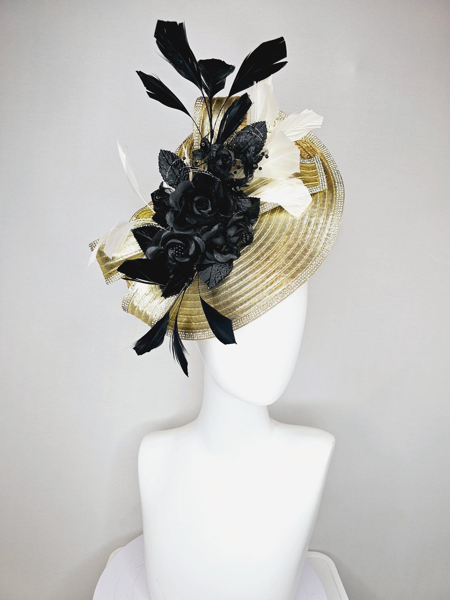 kentucky derby hat fascinator gold saucer with crystal rhinestone beading and beaded bow,white feathers,black satin silk flowers and pearls