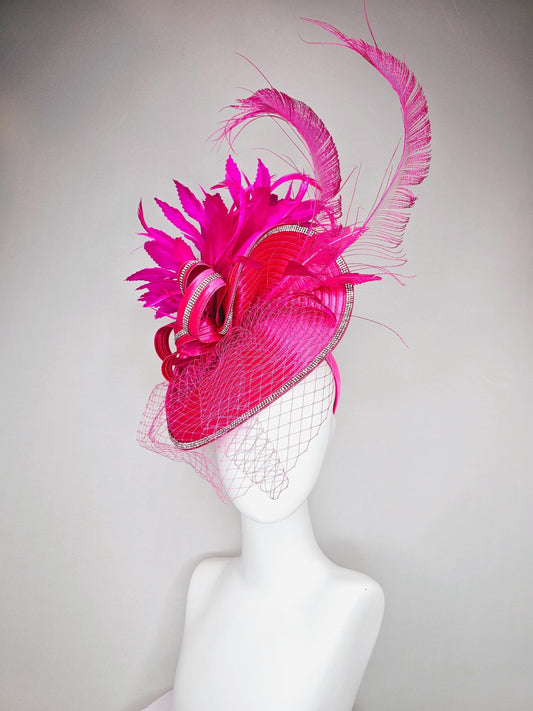 kentucky derby hat fascinator hot pink satin saucer with crystal rhinestone beading and satin beaded bow,and fuchsia pink branching feathers