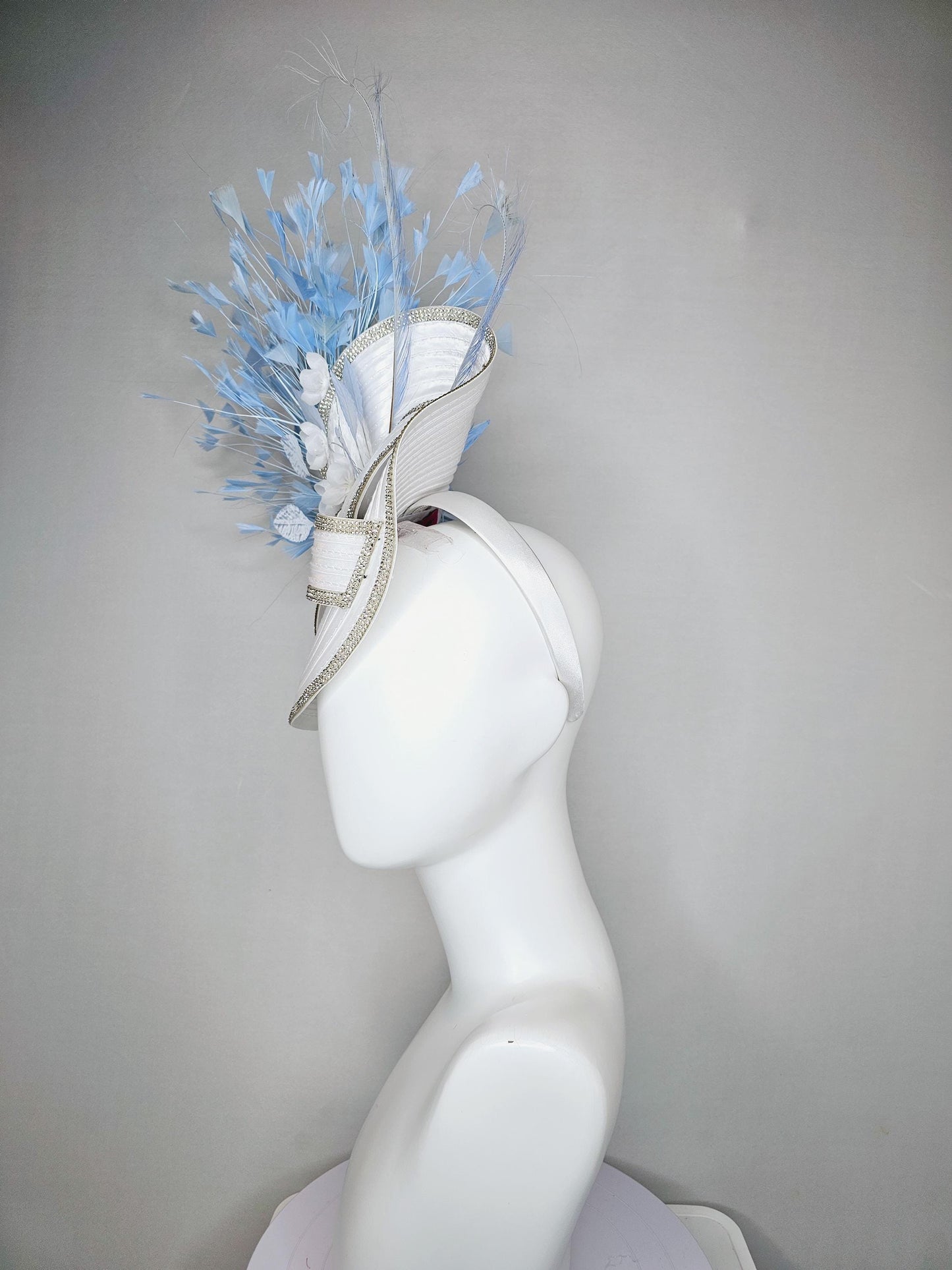 kentucky derby hat fascinator white satin saucer crystal rhinestone beading,large crystal beaded bow,light blue feathers,white silk flowers