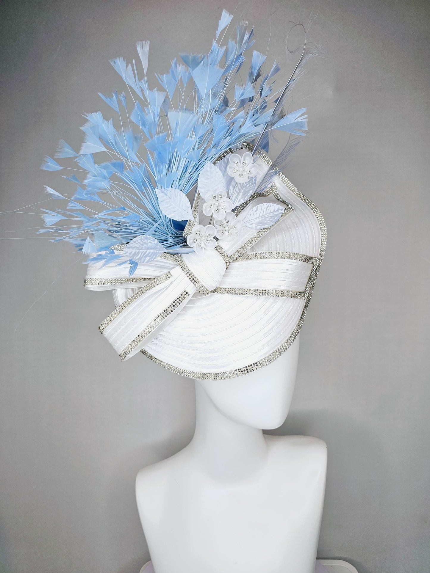 kentucky derby hat fascinator white satin saucer crystal rhinestone beading,large crystal beaded bow,light blue feathers,white silk flowers