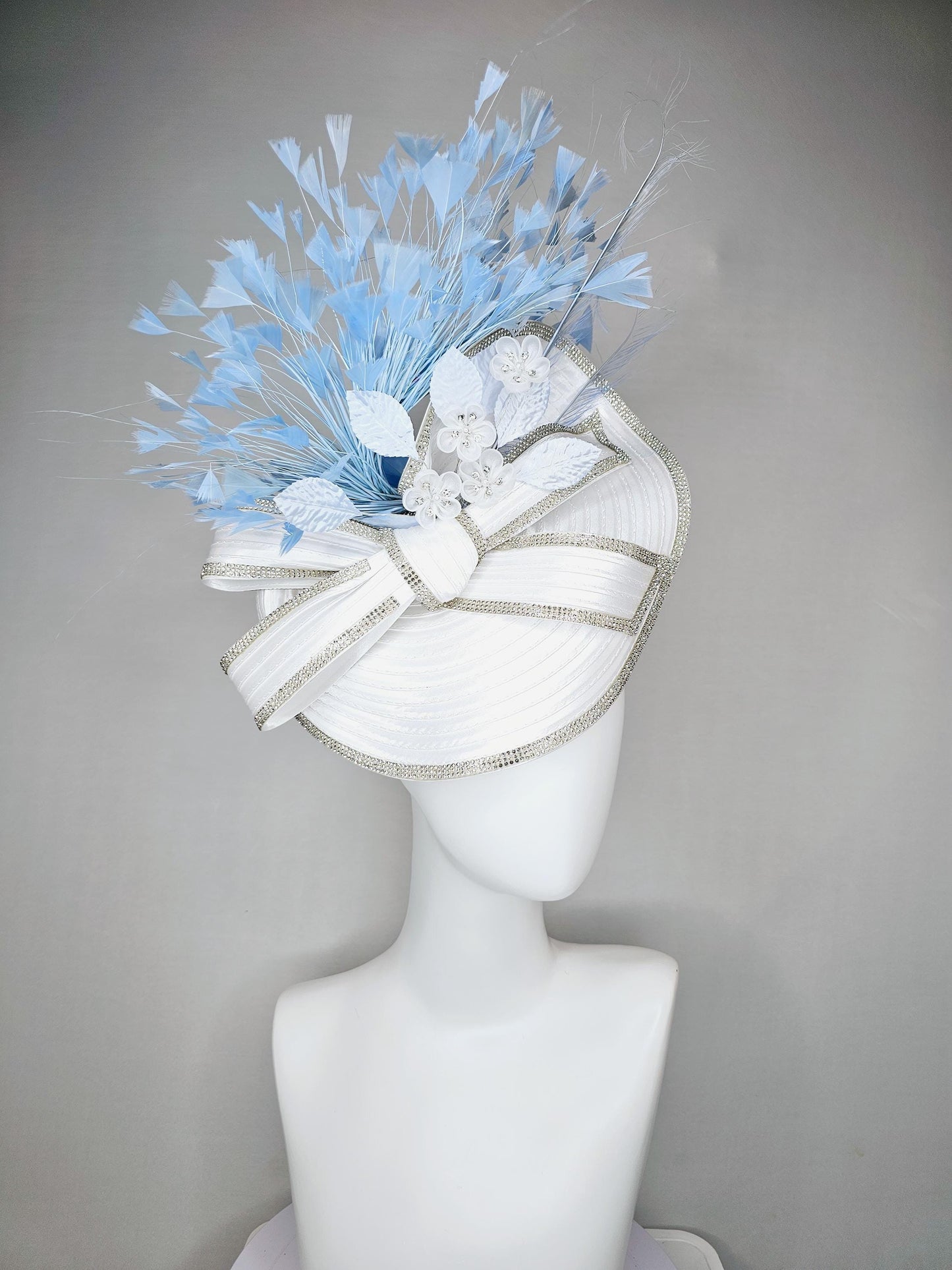 kentucky derby hat fascinator white satin saucer crystal rhinestone beading,large crystal beaded bow,light blue feathers,white silk flowers