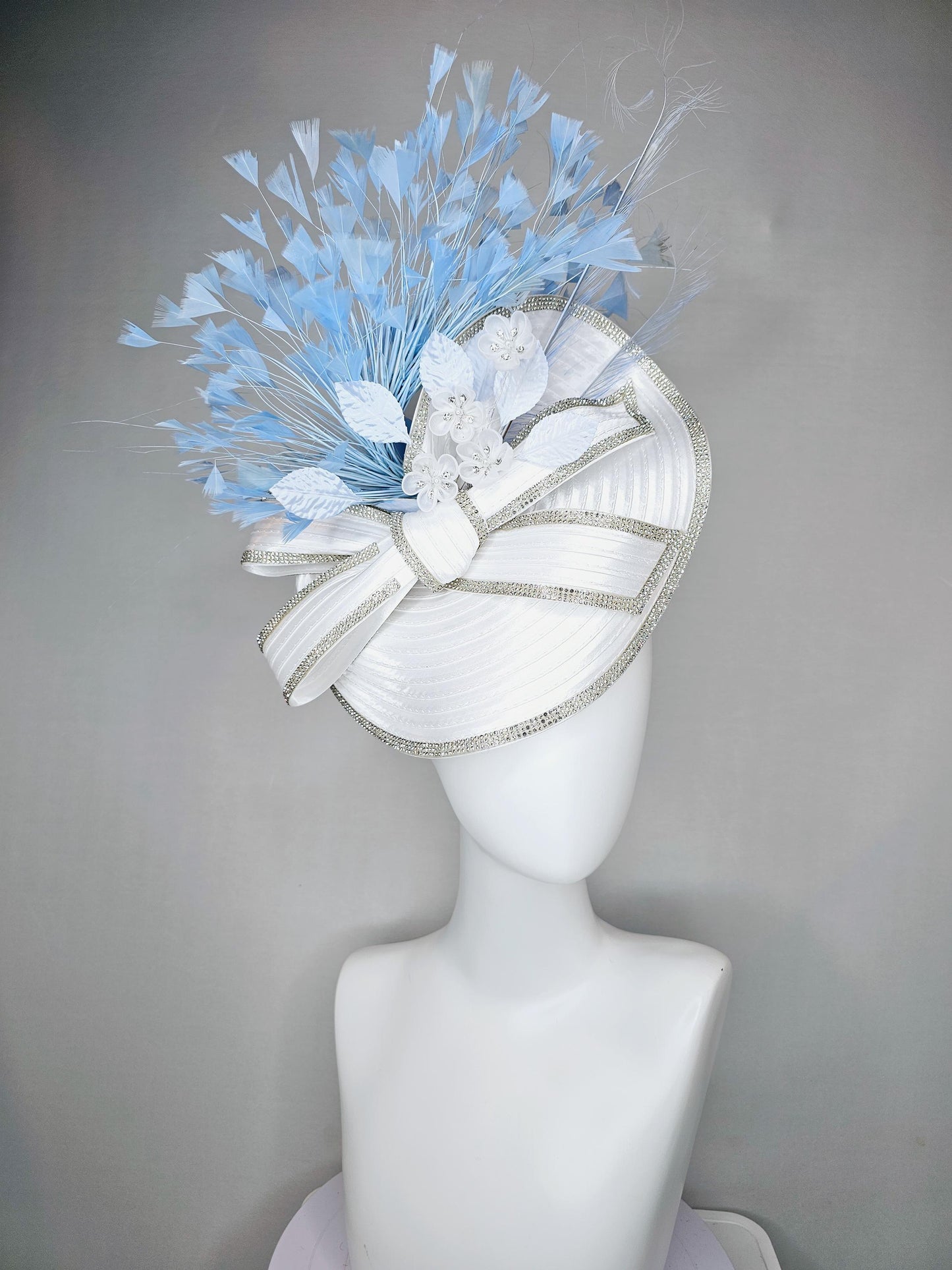 kentucky derby hat fascinator white satin saucer crystal rhinestone beading,large crystal beaded bow,light blue feathers,white silk flowers