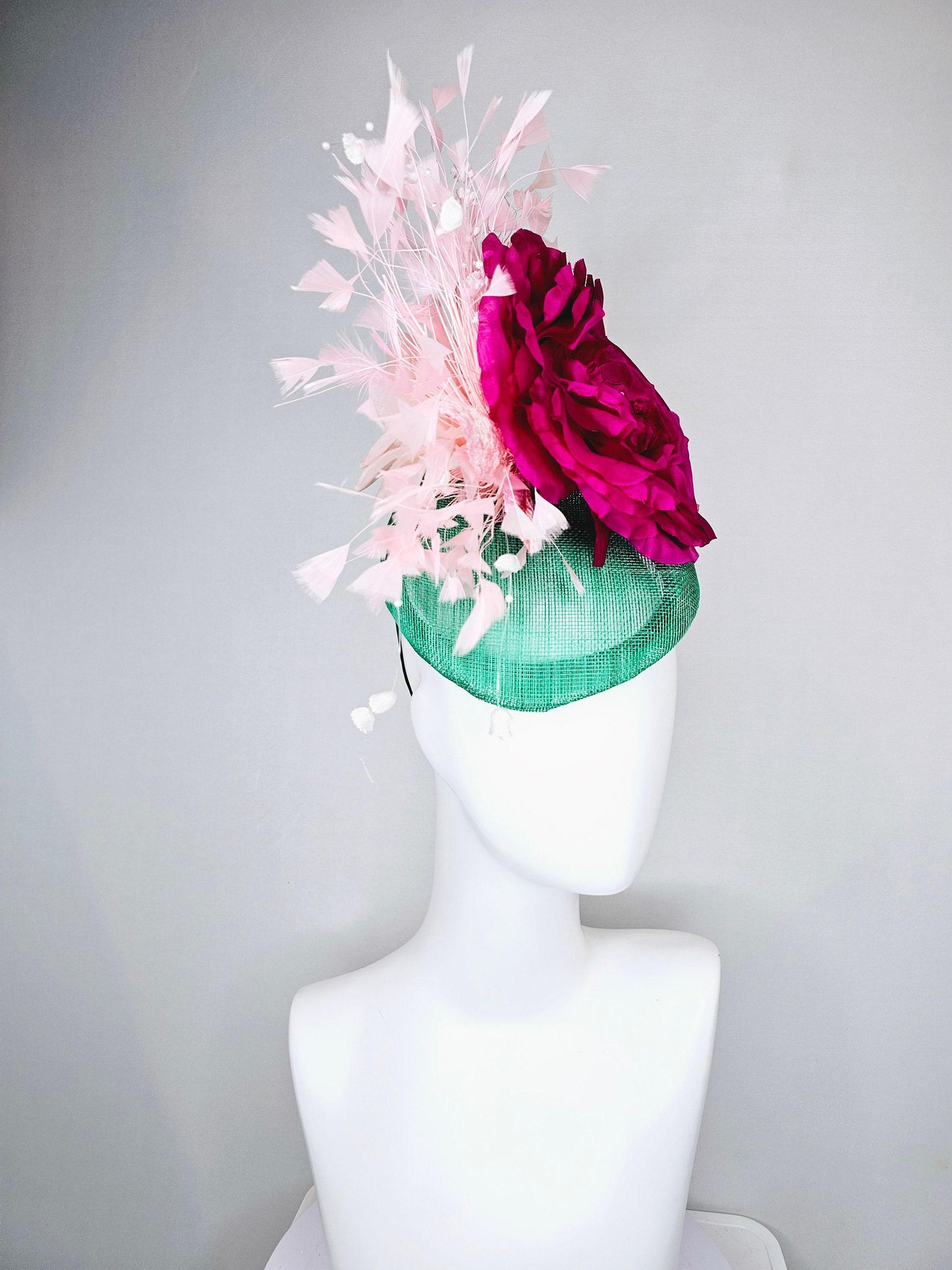 kentucky derby hat fascinator bright green sinamay blush feathers with white branching beaded flowers fuchsia pink huge flower