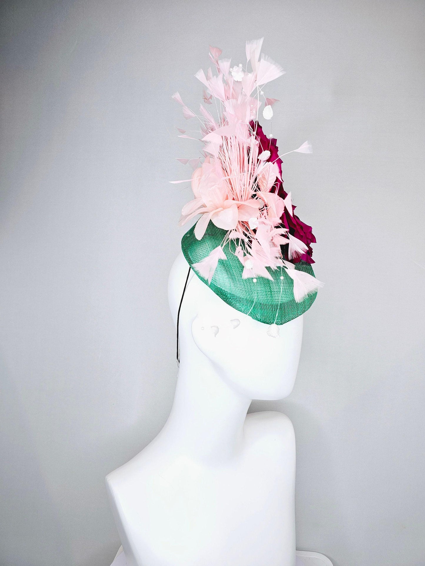 kentucky derby hat fascinator bright green sinamay blush feathers with white branching beaded flowers fuchsia pink huge flower