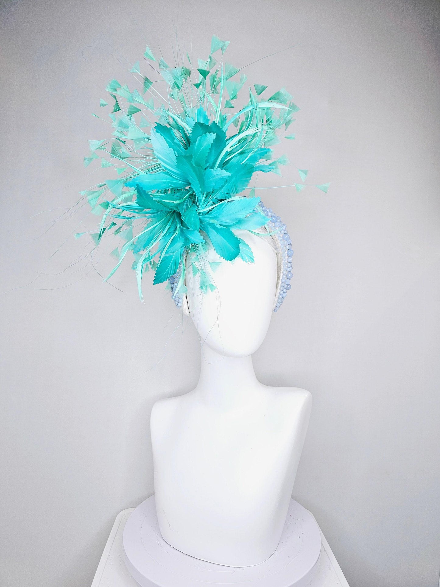 kentucky derby hat fascinator green feather flower and feathers with light blue pearl beaded headband