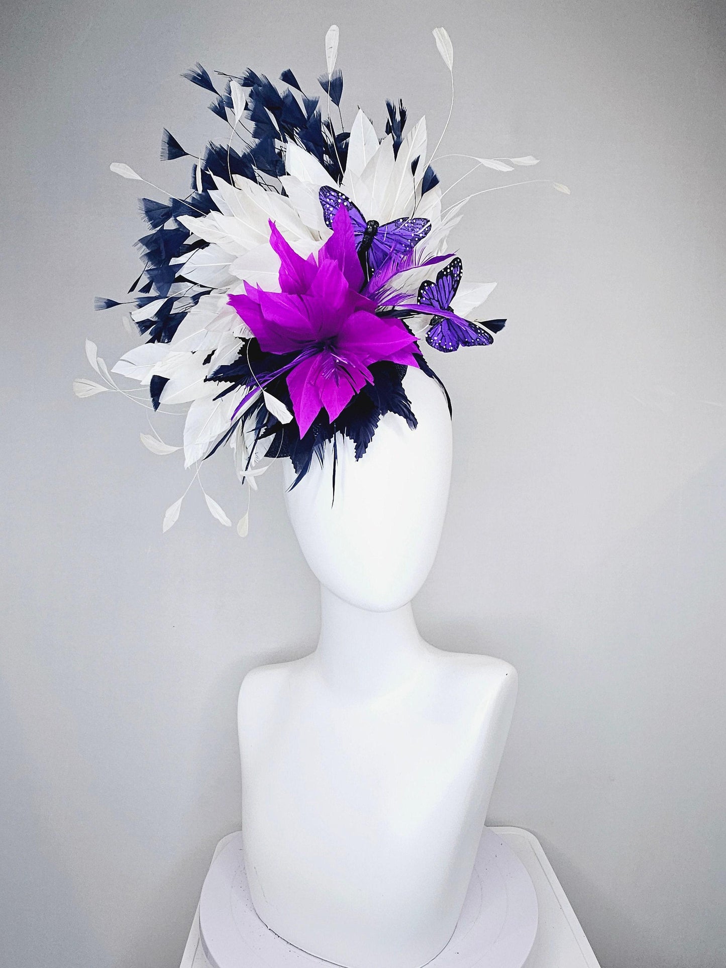 kentucky derby hat fascinator navy sinamay and navy blue purple feather flower navy and white feathers with purple and black butterflies