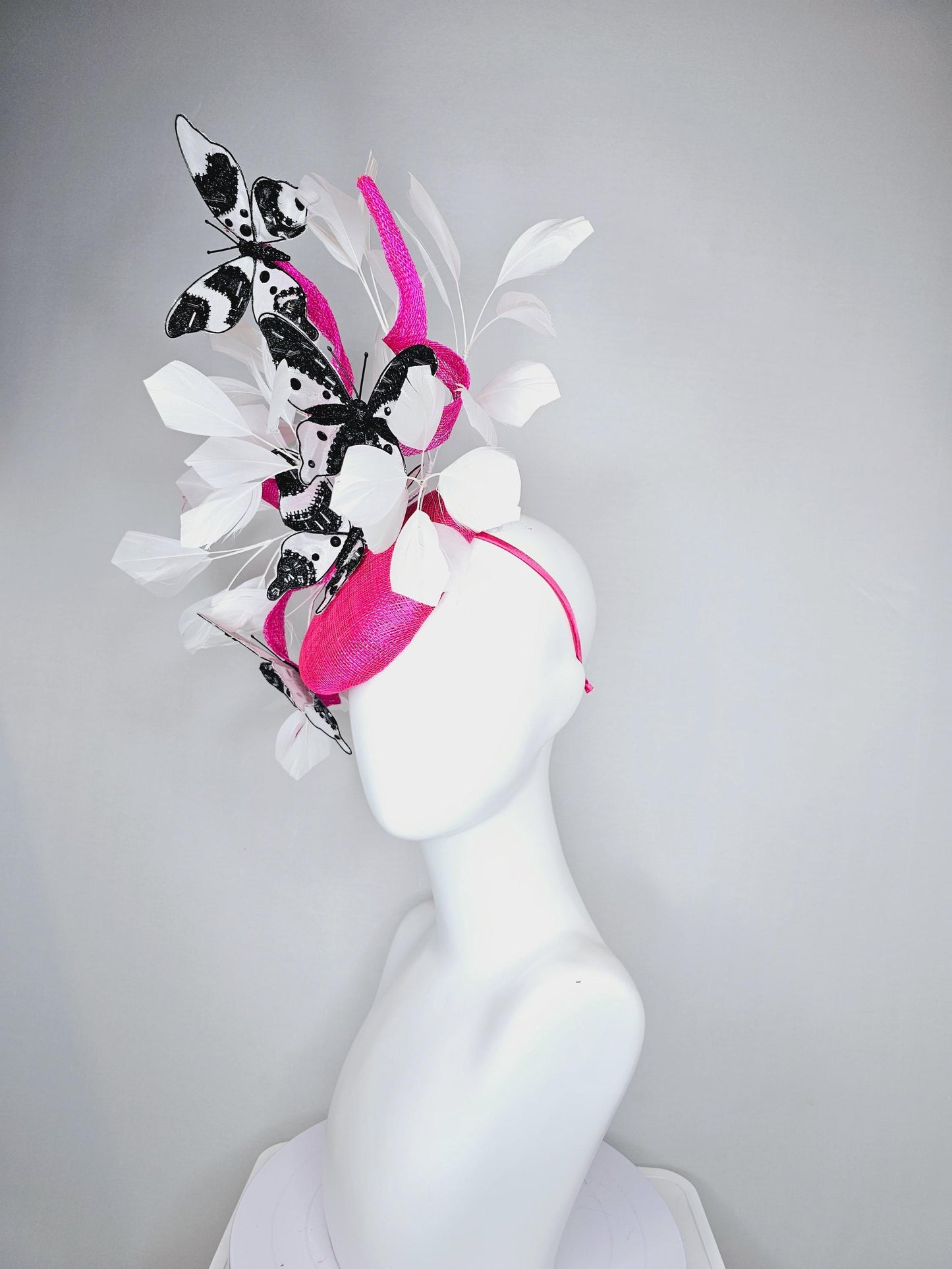 kentucky derby hat fascinator hot pink sinamay with tall curls,white feathers,black and white rhinestone crystal embroidered butterflies