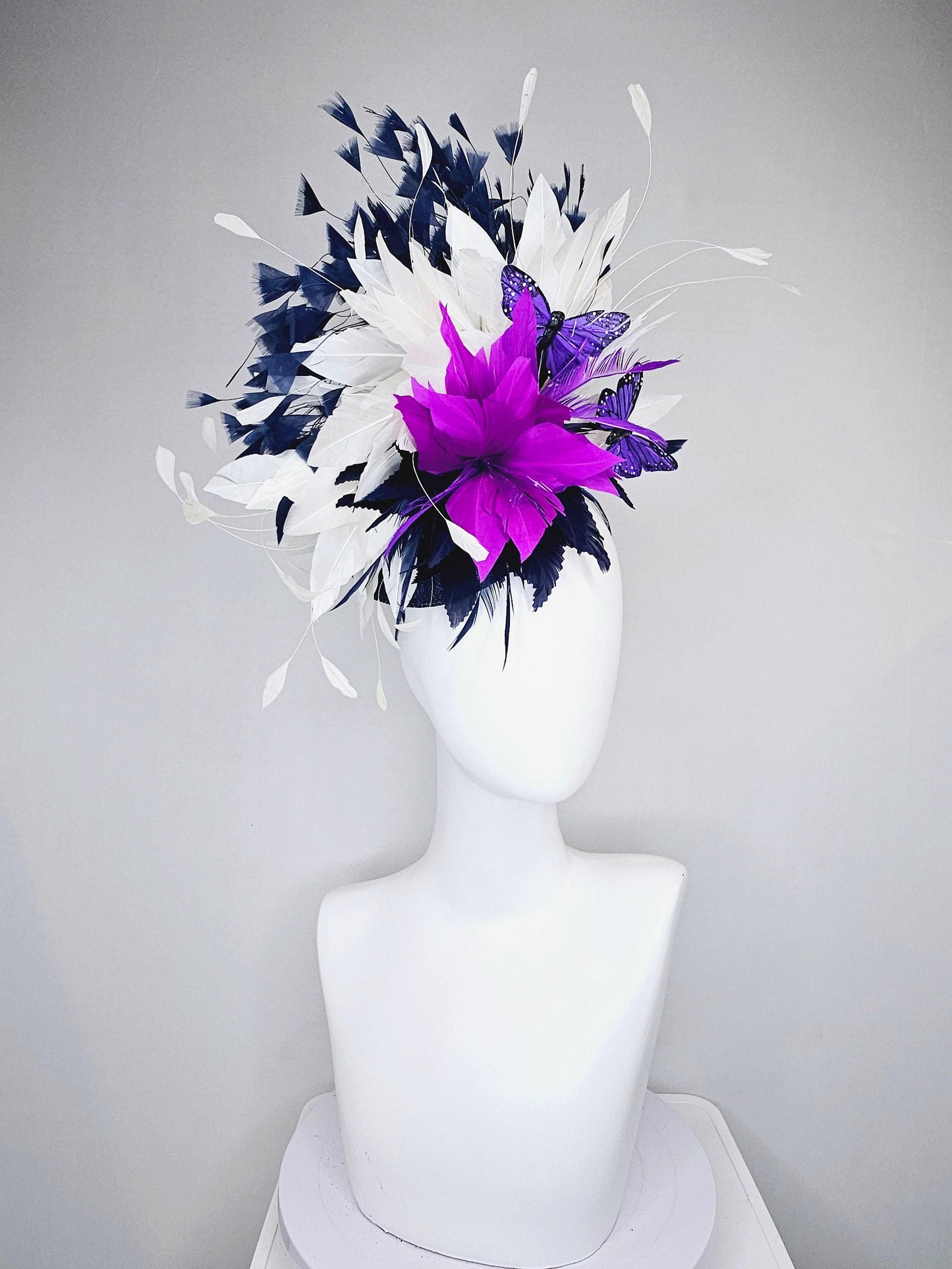 kentucky derby hat fascinator navy sinamay and navy blue purple feather flower navy and white feathers with purple and black butterflies